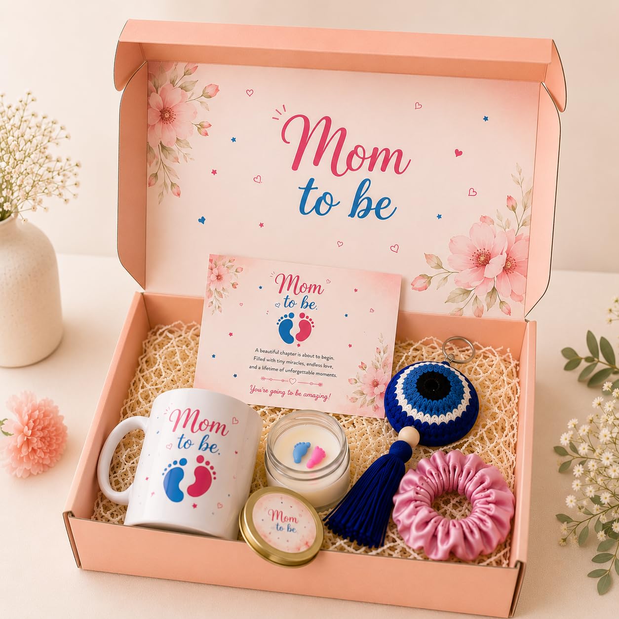 Rarejoy Mom to Be Gift Hamper | 5 Piece Handmade Gift Set with Scented Candle, Mug, Evil-Eye Keychain, Scrunchie & Greeting Card | Maternity Gift, Baby Shower for Mom to Be, Pregnancy Gift Hamper-picture-56