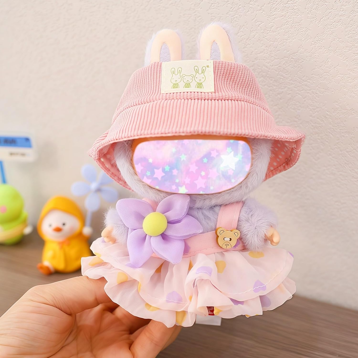Clothes for Labubu 17cm Doll , 3 Pieces Dress Outfit Set for 6.7inch Doll Suit, Fashion Chic Hat & Clothes Accessories for 1st/2nd/3rd Gen Dolls Play & Display Pink