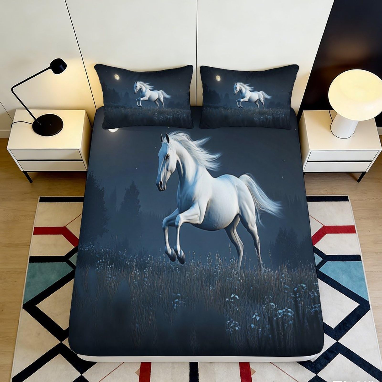 Uynsixtme Style-10 3D Printed White Horse Microfiber Deep Pocket Fitted Sheet For Bedroom Full Wrap Non-Slip Mattress Fitted Cover For Adults Teens Washable 200X200x25cm