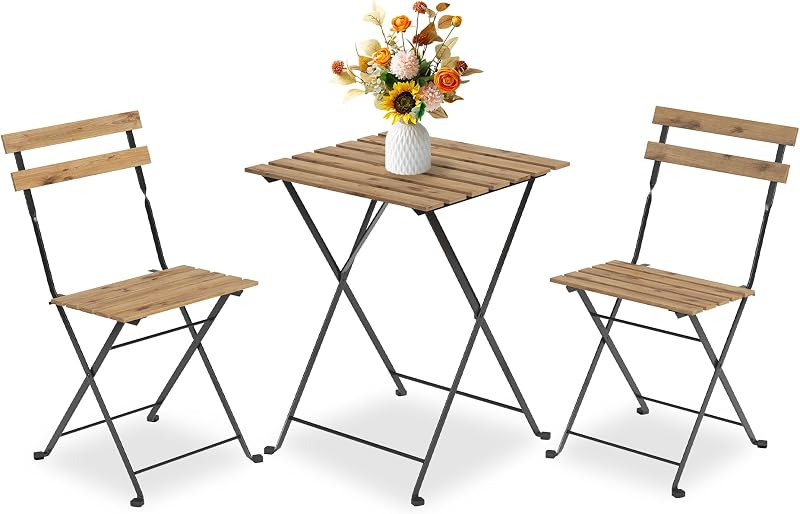 Juego de bistró para patio de 5 piezas, mesa y sillas de bistró plegables para exteriores, juego de 4 | No necesita ensamblaje, estructura de metal, muebles franceses para balcón, patio, jardín, madera