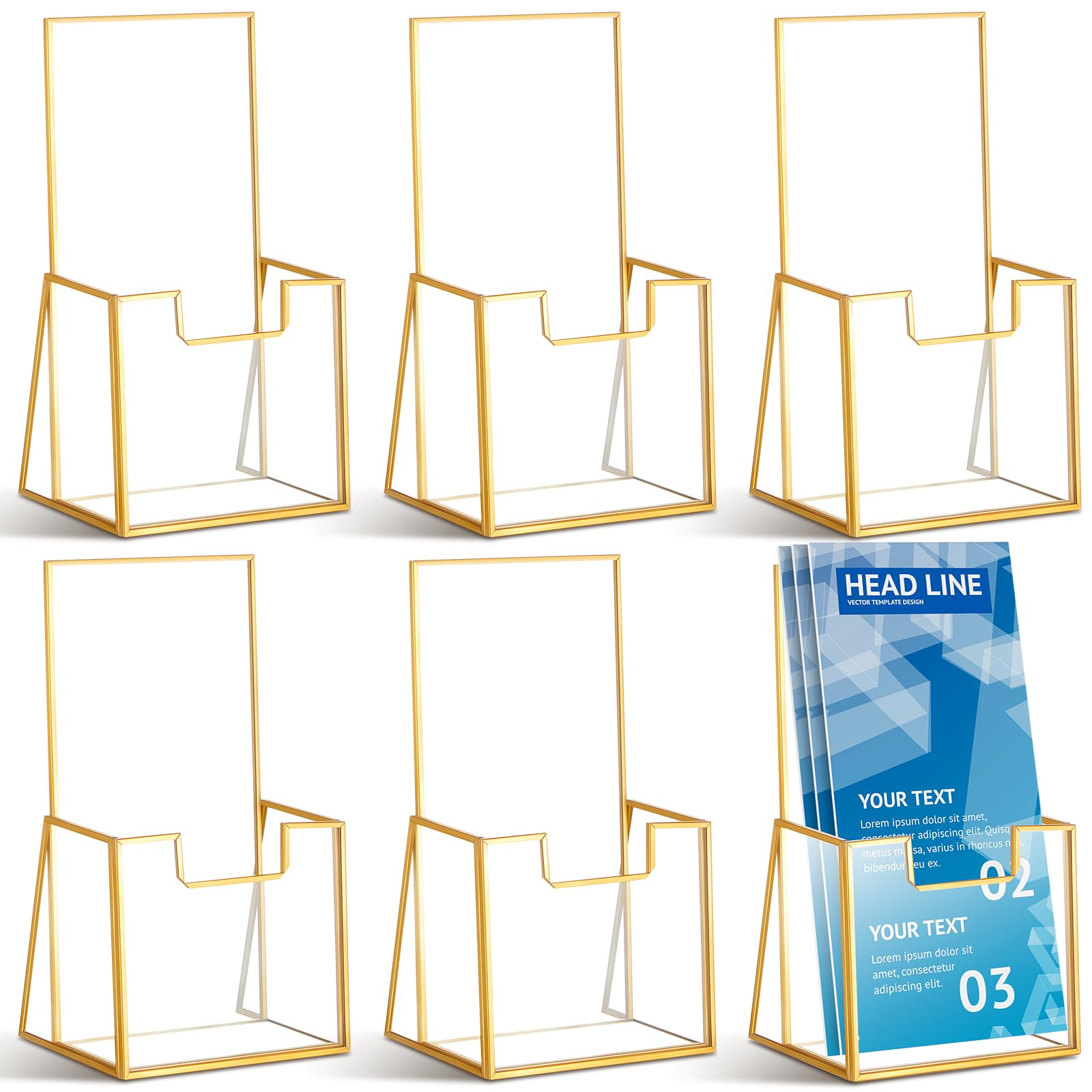 Fuyoooo 6 Pcs Gold Glass Brochure Holder 4 Inch Tabletop Literature Holder Stand Clear Trifold Pamphlet Flyer Brochure Display Stand for Magazine