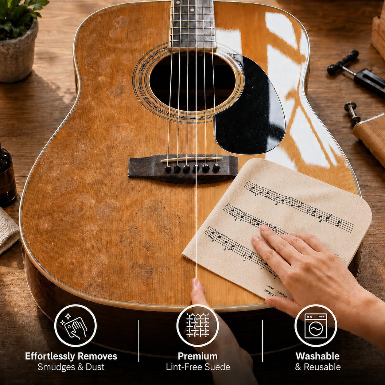 Suede Guitar Cleaning Cloth (12"x12", 1-Pack),Premium Lint-Free Microfiber Polishing Cloth, Super Soft & Non-Scratch, Strong Cleaning Power for Guitar, Violin & Piano, Piano Pattern