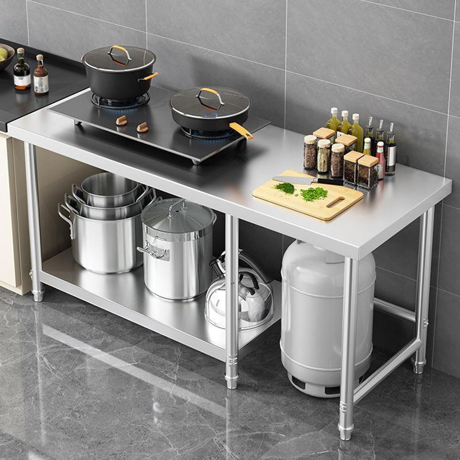 Stainless Steel Workbench Solid Cooktop Stand Commercial Kitchen Prep Table Multifunctional Double Layer Metal Table Chopping Board Practical Open Storage Rack