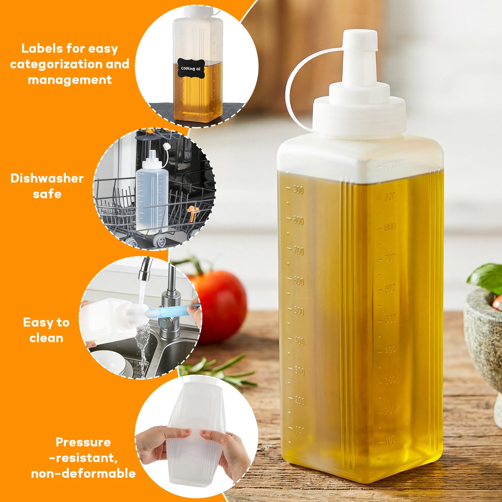 3 Stück Quetschflasche, 1000ML Breiter Mund Plastik Squeeze Flasche mit Kappen, Etiketten & Bürste, Saucenflasche Dosierflasche Kein Leck Spender für Ketchup Scharfe Soßen Olivenöl Malen
