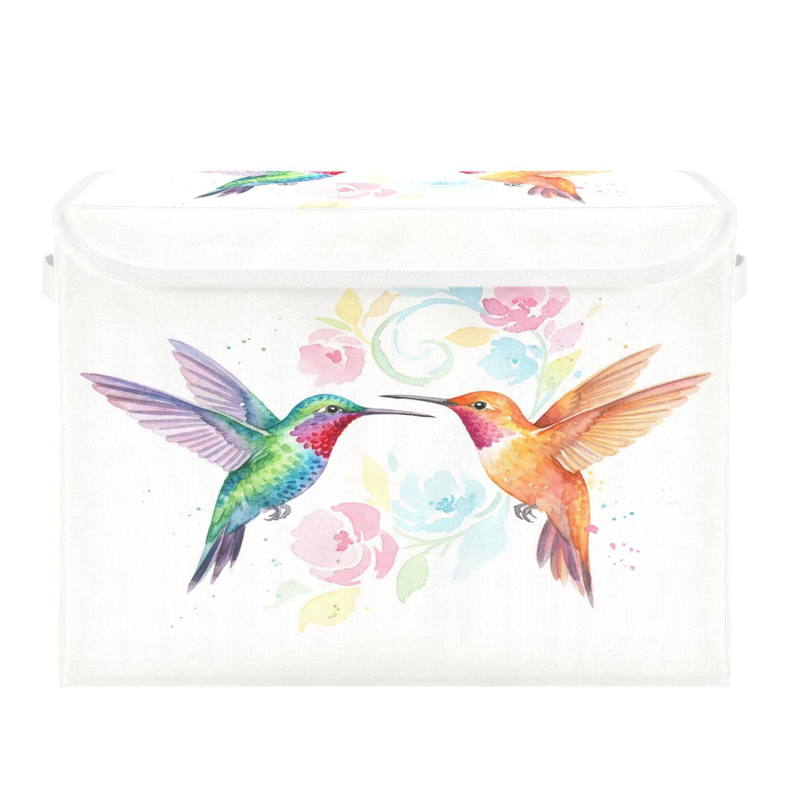 Ewusp Hummingbirds Fabric Storage Bin with Lid, Decorative Foldable Storage Basket with Handles, Stackable Closet Shelf Organiser Box for Clothes, Books, Bedroom, Living Room