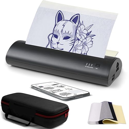 QIKIZAXE Impresora inalámbrica de transferencia de tatuajes, máquina de plantillas con 10 piezas de papel de transferencia, fotocopiadora térmica de