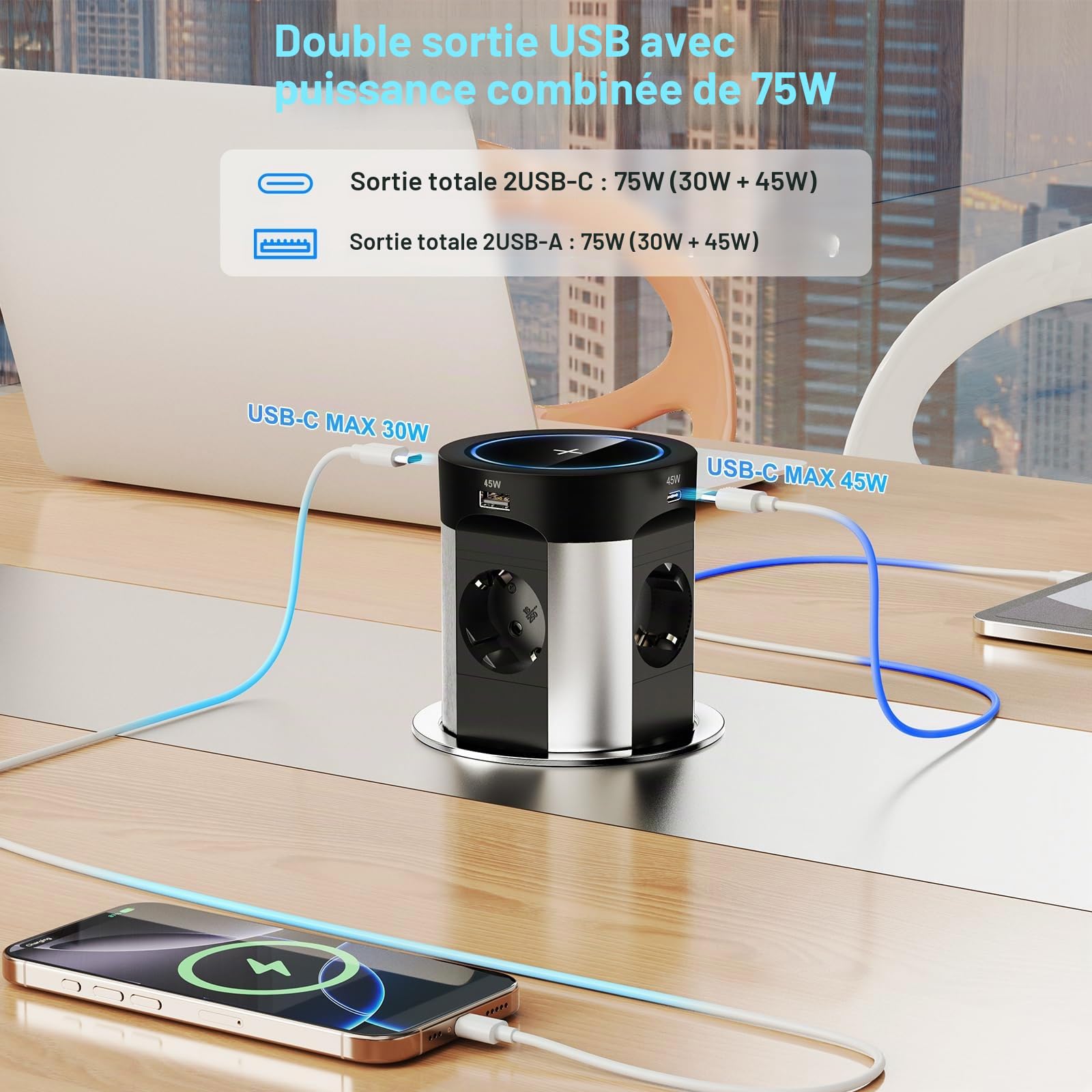 Prise escamotable Plan de Travail avec 2 USB-C 75 W Total, Qi 15 W, Ø100 mm | Multiprise encastrable à pression, 4 prises secteur, 2 USB-A 45W+30W, câble 1,8 m, cuisine et îlot central, noir