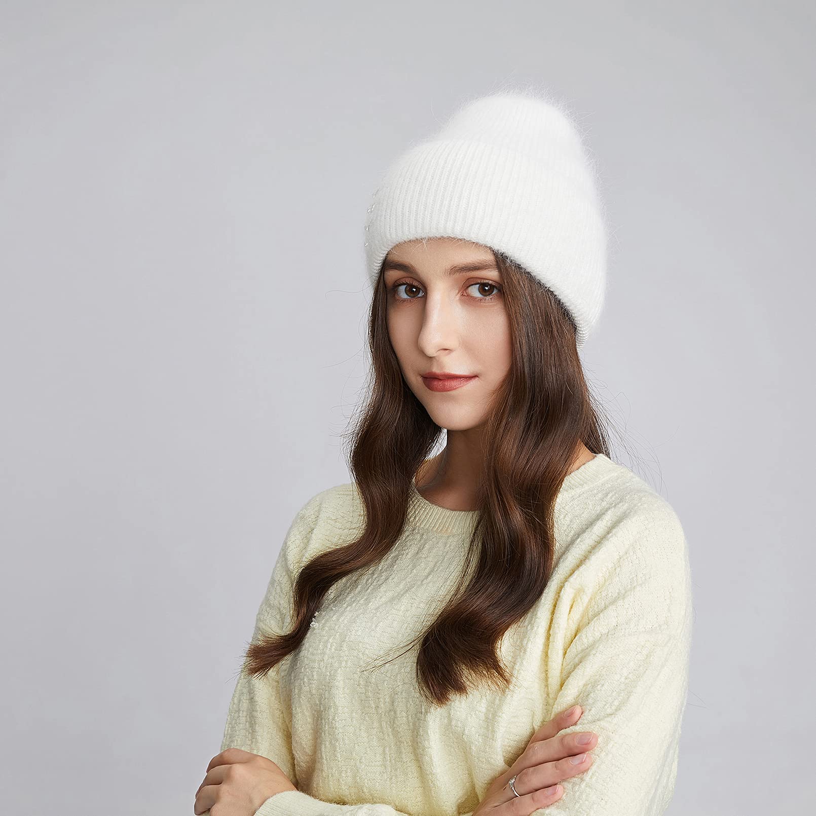 BeFur Bonnet à pompon en cachemire pour femme - Chaud - Côté large avec strass - Pour l'hiver, Blanc., Taille unique