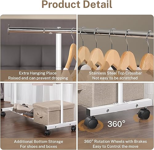 Miniatura 44 de Perchero de ropa resistente de 55.51 pulgadas con ruedas y estante inferior, perchero con ruedas y estante inferior, percheros de ropa de capacidad