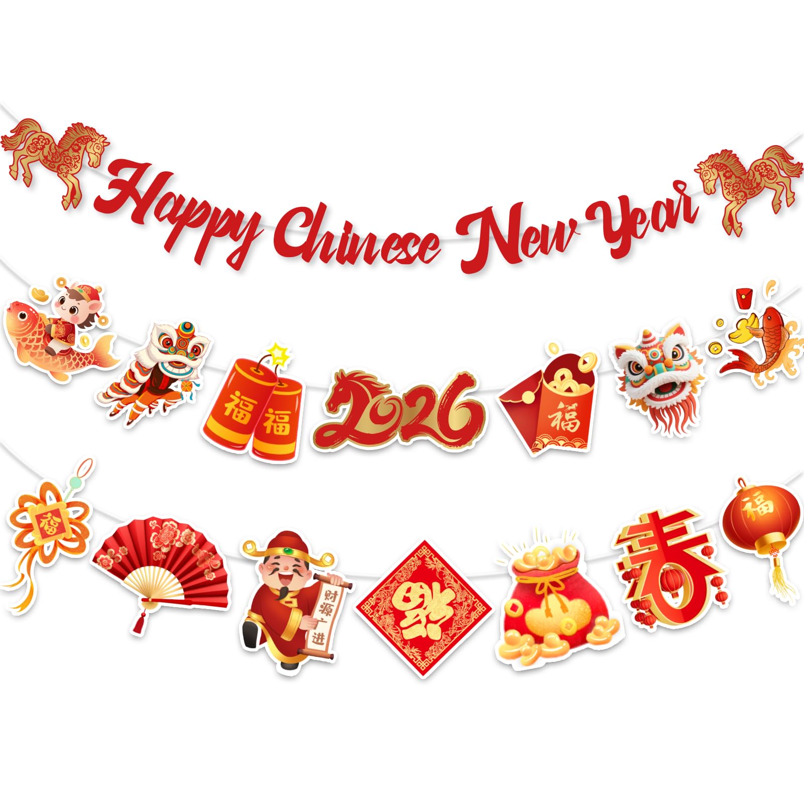 Chinese New Year Banner 2026 Set, The Year of The Horse Banner for Spring Festival 2026 Party Decorations, Supplies, Accessories, Red Gold Chinese New Year Garland for Home Office Party