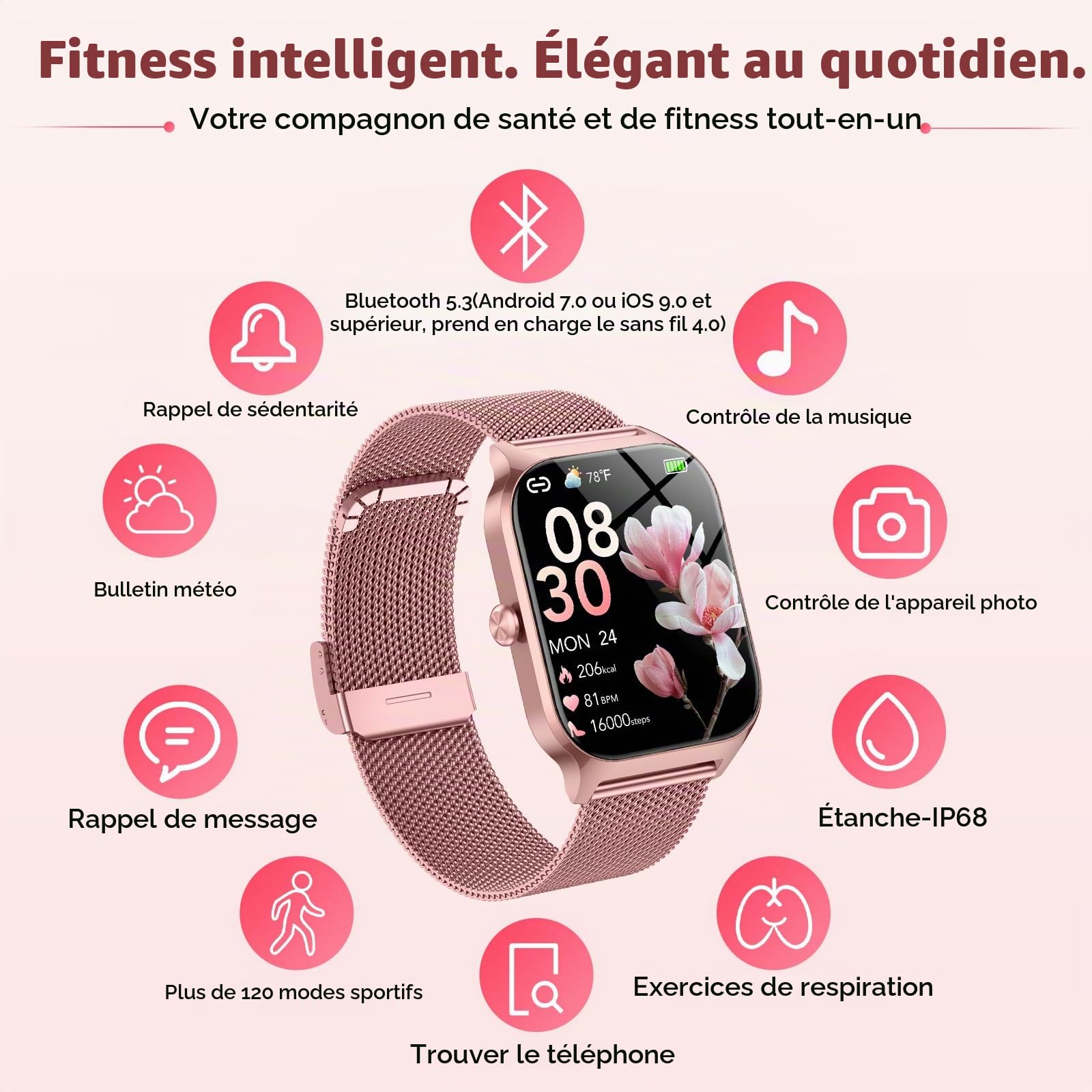 Montre Connectée Femme avec Appel Bluetooth,1.85"HD Smartwatch Femme avec Fréquence Cardiaque/Sommeil/SpO2, 120+ Modes Sportifs, IP68 Étanche Fitness Tracker, Montre pour Android iOS Rose Pêche