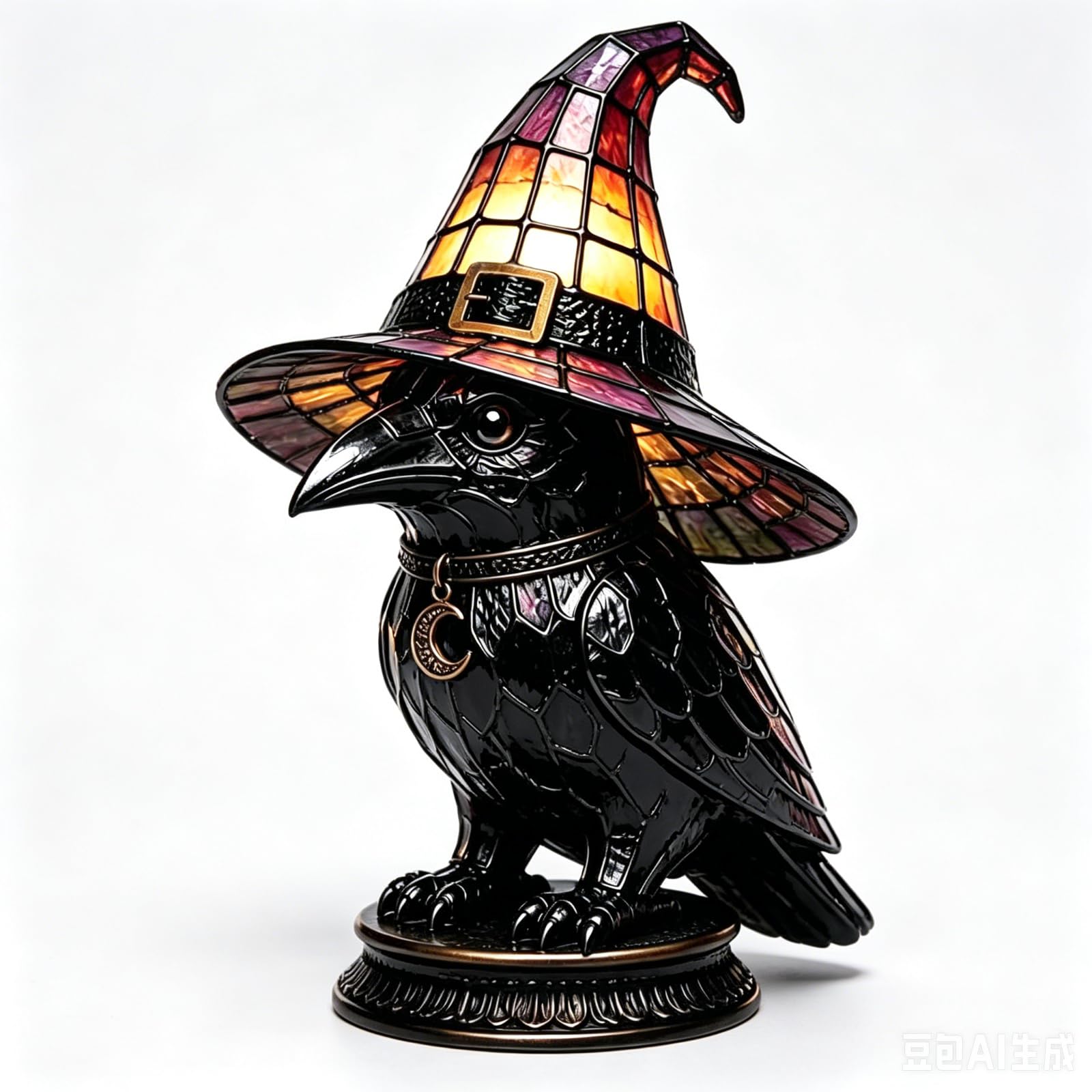 Stained Glass Witch Hat Lamp, Handcrafted Halloween Gothic Table Light (Crow)