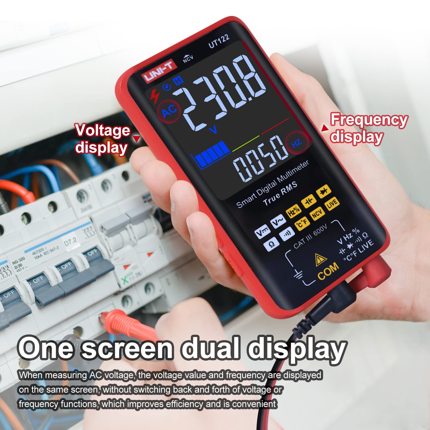 UNI-T UT122 Multimeter showing dual display for voltagඊ සහ සංඛ්යාතය