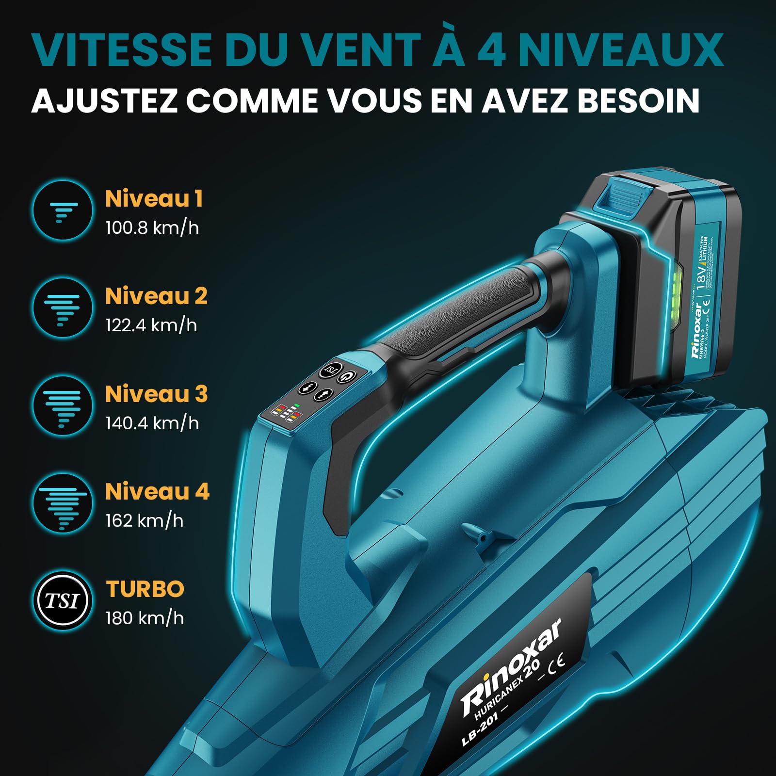 Souffleur Batterie, 5 Vitesses Souffleurs de Feuilles sans Fil avec Moteur Brushless, 2 Batteries 5.2Ah/18V, 35.000 RPM, Vitesse de l'Air 180 km/h, Débit d’Air 800 m³/h, 2 Buses Interchangeables