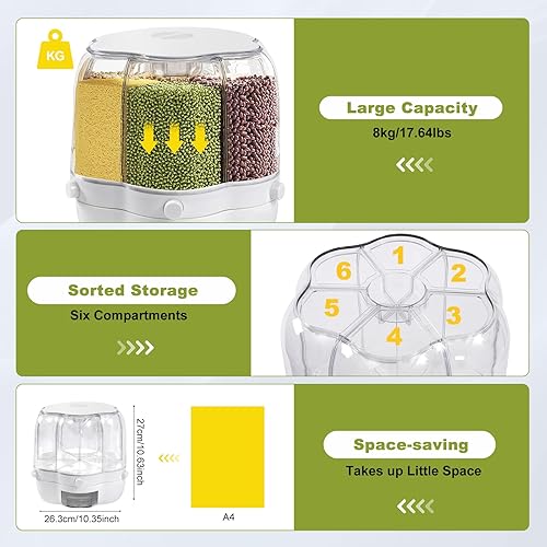 Miniatura 4 de Dispensador de granos giratorios de 6 rejillas, dispensador de cereales, dispensador de arroz giratorio de 360, recipiente de arroz seco redondo