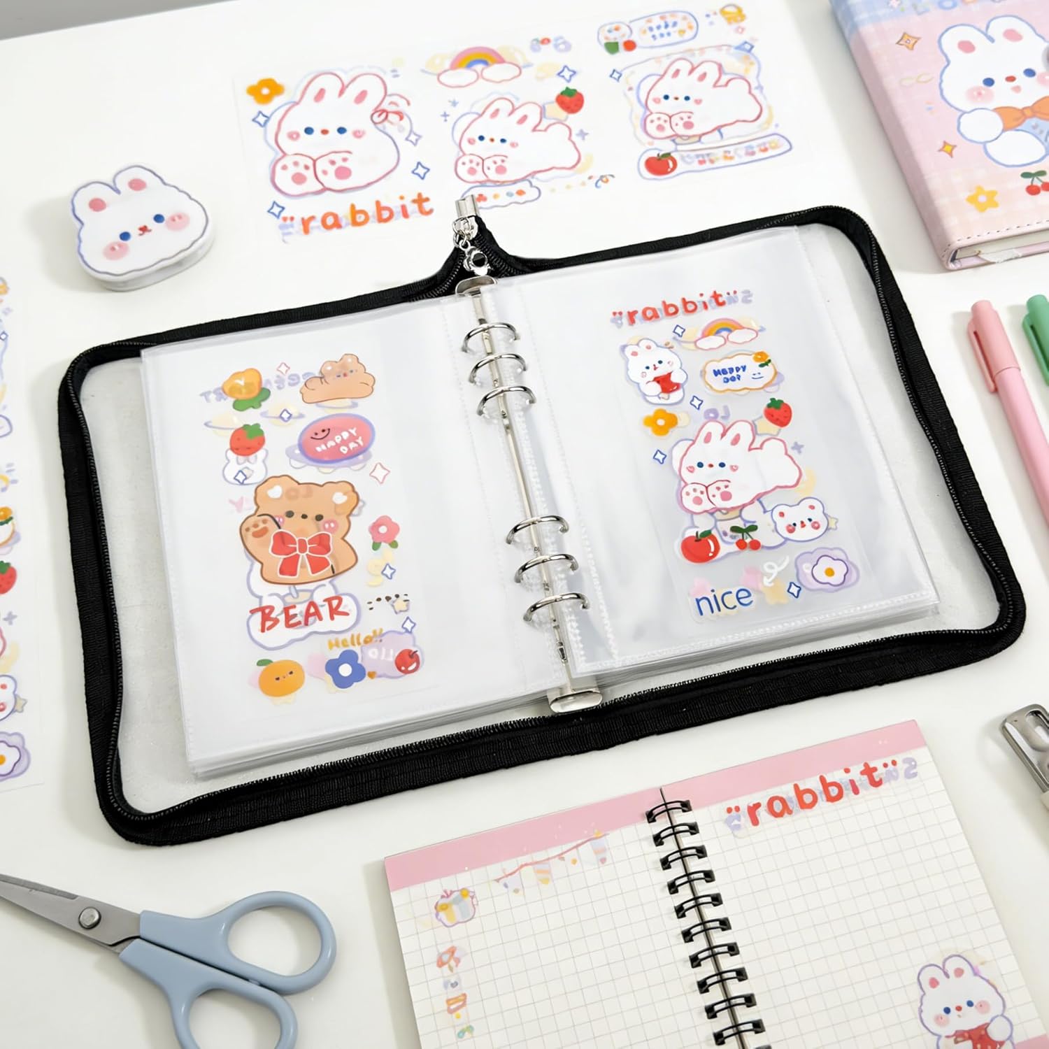 5-in-1 Sticker Organizer Book Reusable A5 Storage Binder with 220 Pockets,10 Release Papers, Zipper Album Sticker Collecting Display Keeper (Black)