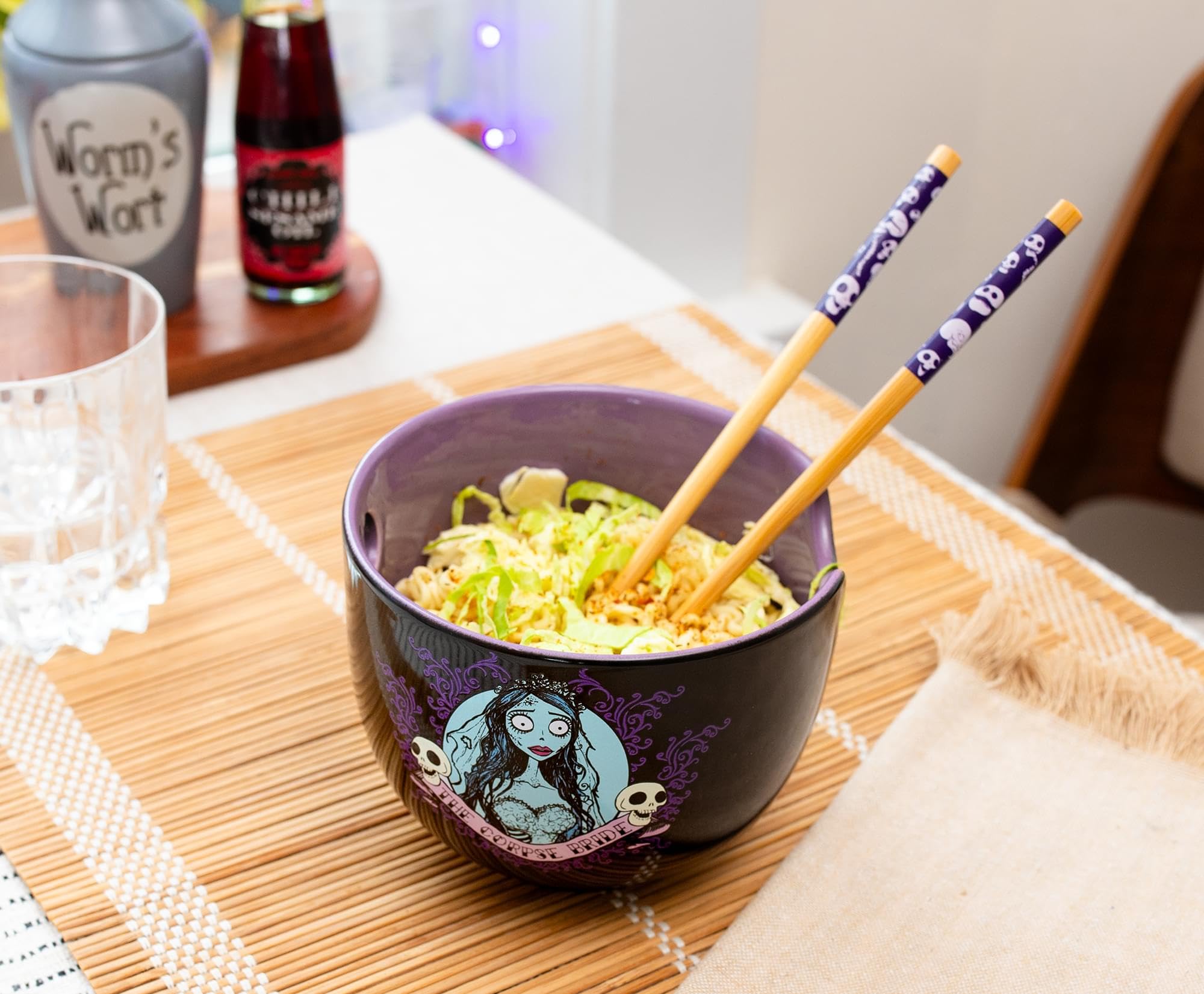 Silver Buffalo Tim Burton's Corpse Bride Emily Ceramic Ramen Dinnerware Set | Includes 20-Ounce Noodle Bowl and Wooden Chopsticks