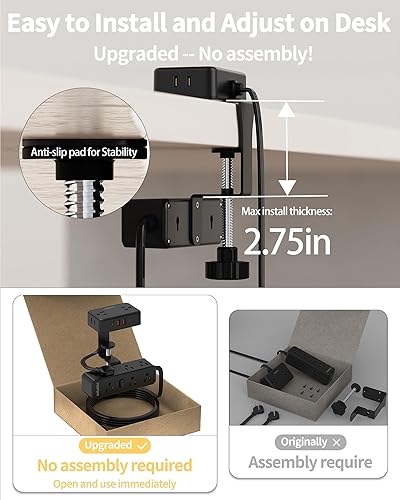 Miniatura 3 de Regleta de alimentación con abrazadera de escritorio de doble capa, estación de carga de montaje en el borde de escritorio con 13 tomas, 4 puertos