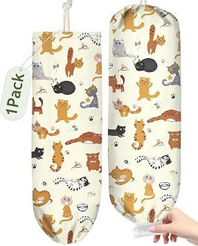 Plastic Bag Holder, Grocery Bag Organizer - 1 Pack Cute Kitchen Dispenser Holders Reusable Shopping Western Hanging Wall with Adjustment Drawstring Closure for Women Home, Cats