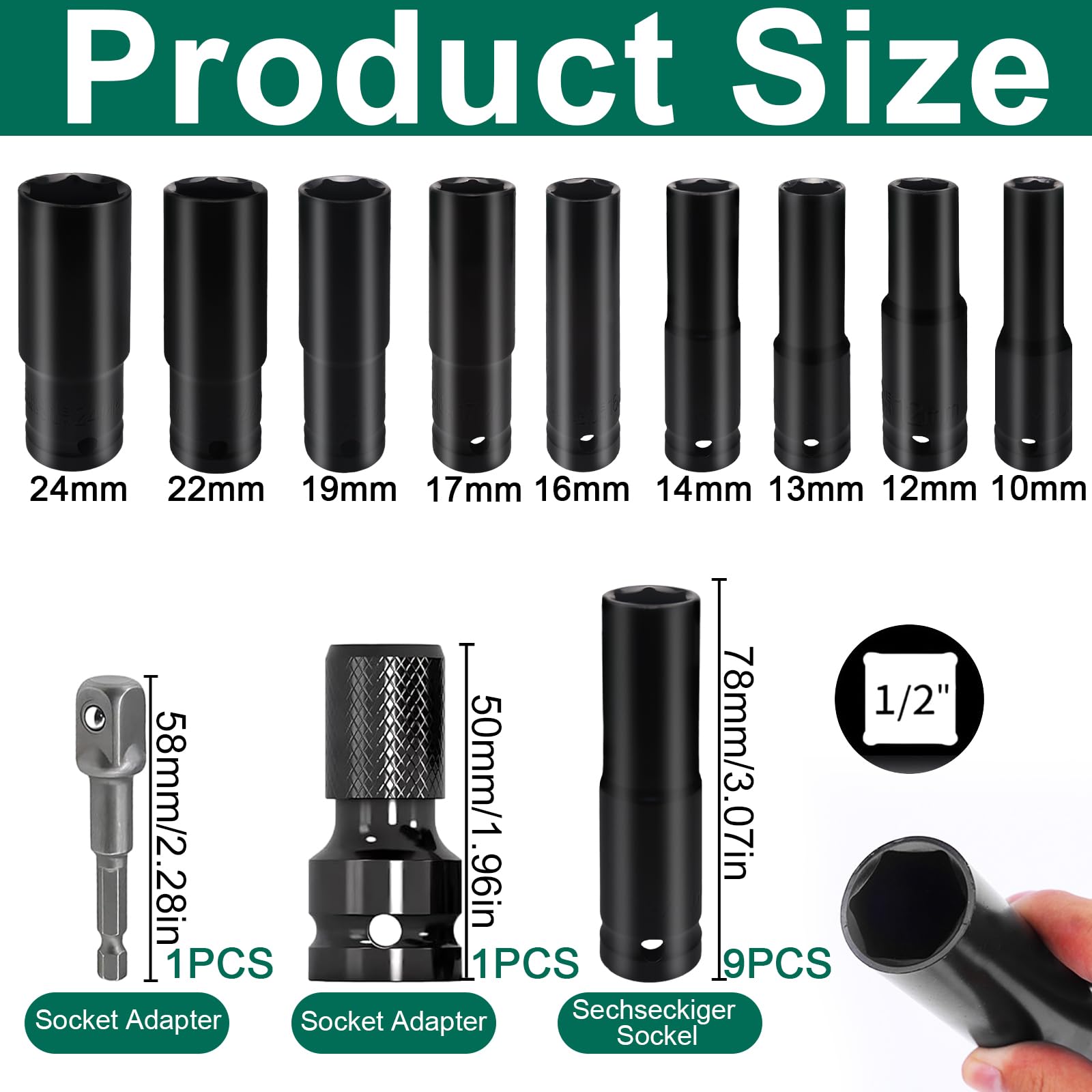 BGS 5205 | Juego De Llaves De Vaso De Impacto Hexagonal | Entrada 12,5 Mm (1/2") | 10 - 24 Mm | 10 Piezas