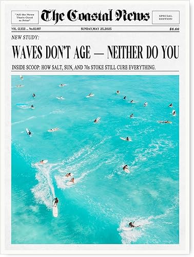 The Coastal News - Lienzo decorativo para pared, diseño de olas que no envejecen, periódico vintage, impresión de surf, decoración de playa