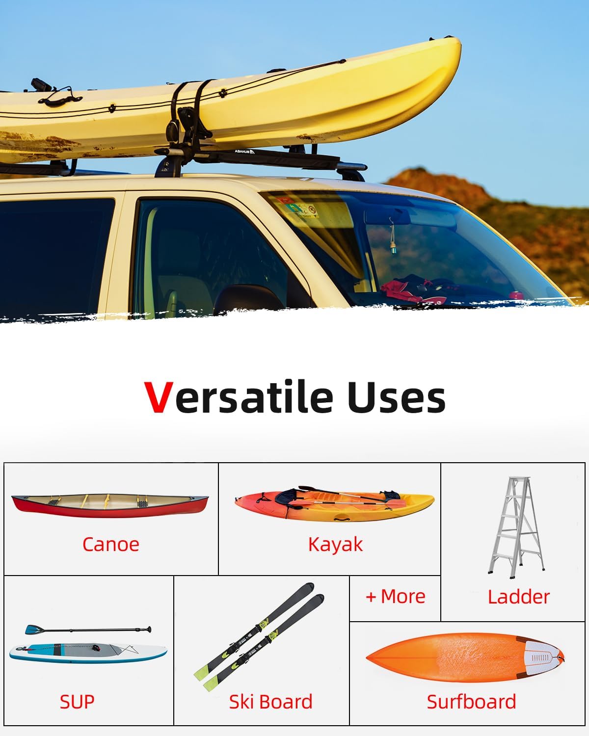 Abahub Soft Roof Rack Pads with 2 Tie Down Straps, 2 Tie Down Ropes, 2 Hood Loops and Storage Bag, for Surfboard, Kayak, Canoe, Heavy Duty Universal Car Roof Racks System (Use with Cross Bar) - Image 2