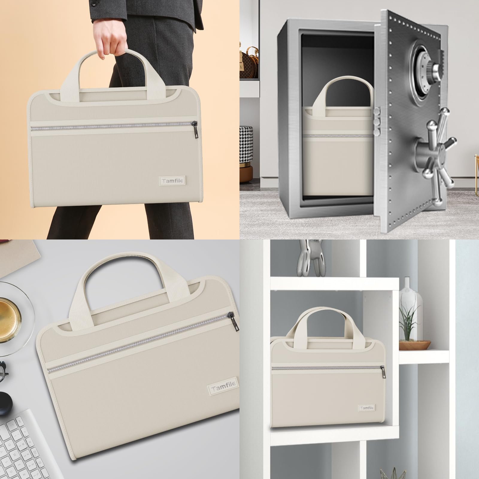 Organiseur de fichiers accordéon ignifuge avec poignée, 13 poches extensibles avec fermeture éclair et étiquettes, classeur à 3 anneaux, classeur multi-poches pour dossiers A4 (beige)