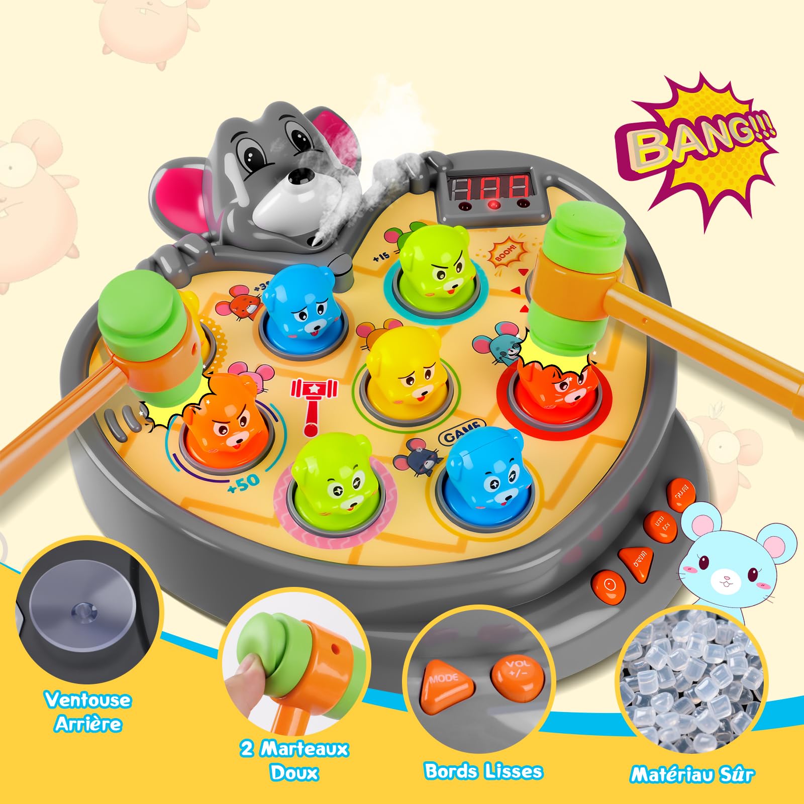 YOOHBERRYS Jeu de Taupe, Jeu de Marteau pour Enfants, Marteler des Jouets, Jouet de Whack avec 5 Modes, 9 Morceaux de Musique, 2 Marteaux, Jeux Montessori pour Les Bébés de 3-6 Ans