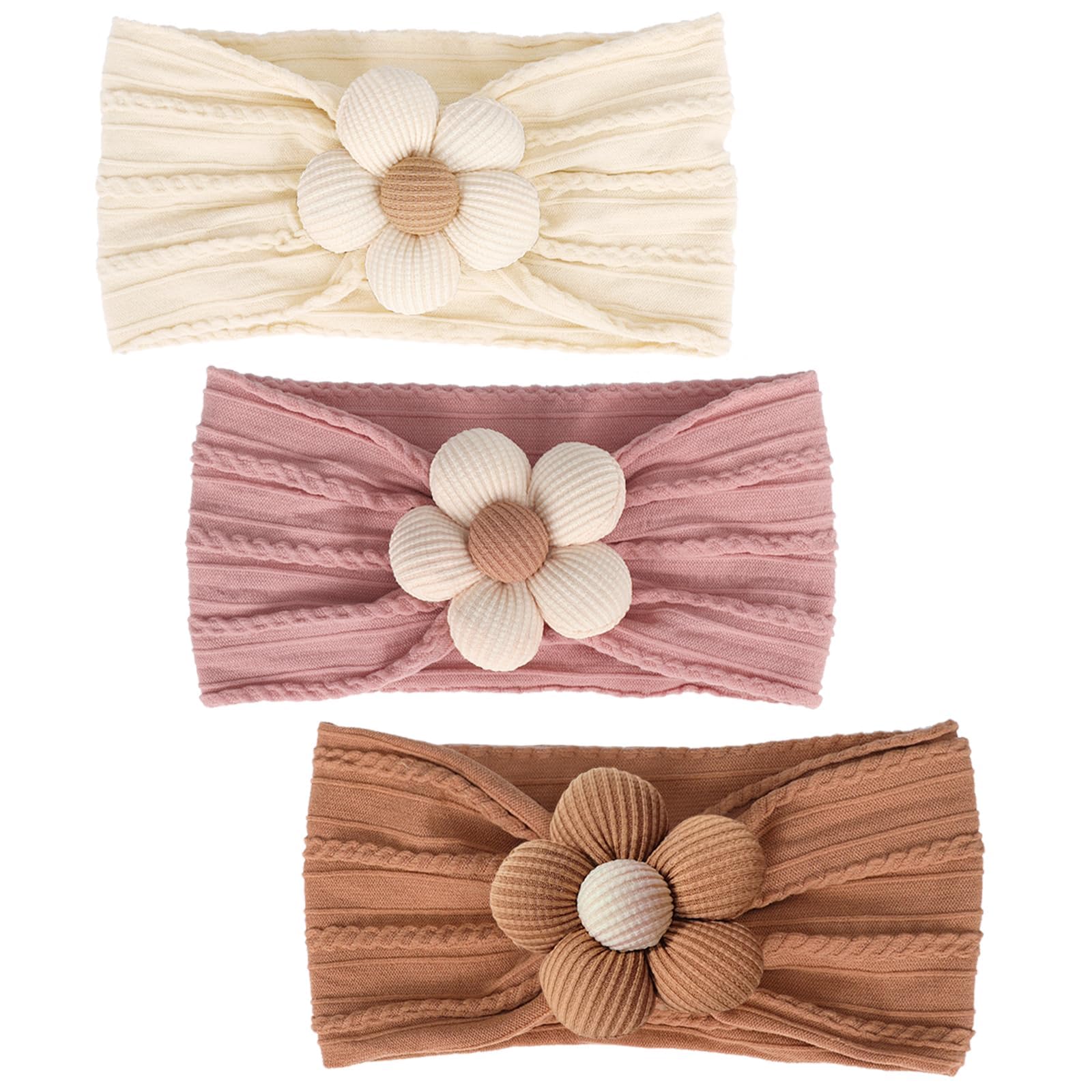 GUOJOZO 3 Stück Baby-Blumen-Stirnband, weiche Haarbänder, Nylon-Baby-Stirnbänder für Neugeborene und Kleinkinder (Yellow, Pink, Brown)