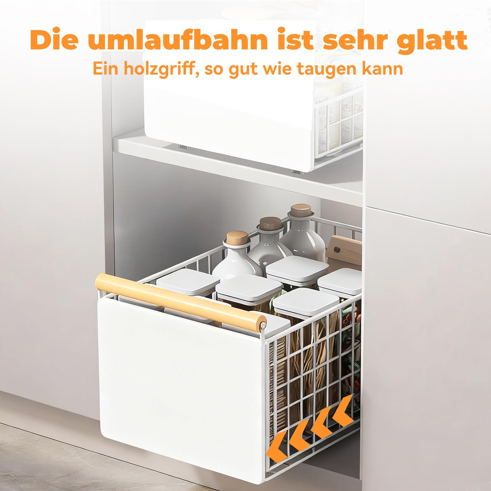 Teleskop-Schubladeneinsatz für Küchenschränke – Ausziehbarer Schrankorganizer 38x23x18,5 cm, Montage mit Klebepad oder Schrauben, Leises Schienensystem, Organizer (4er)