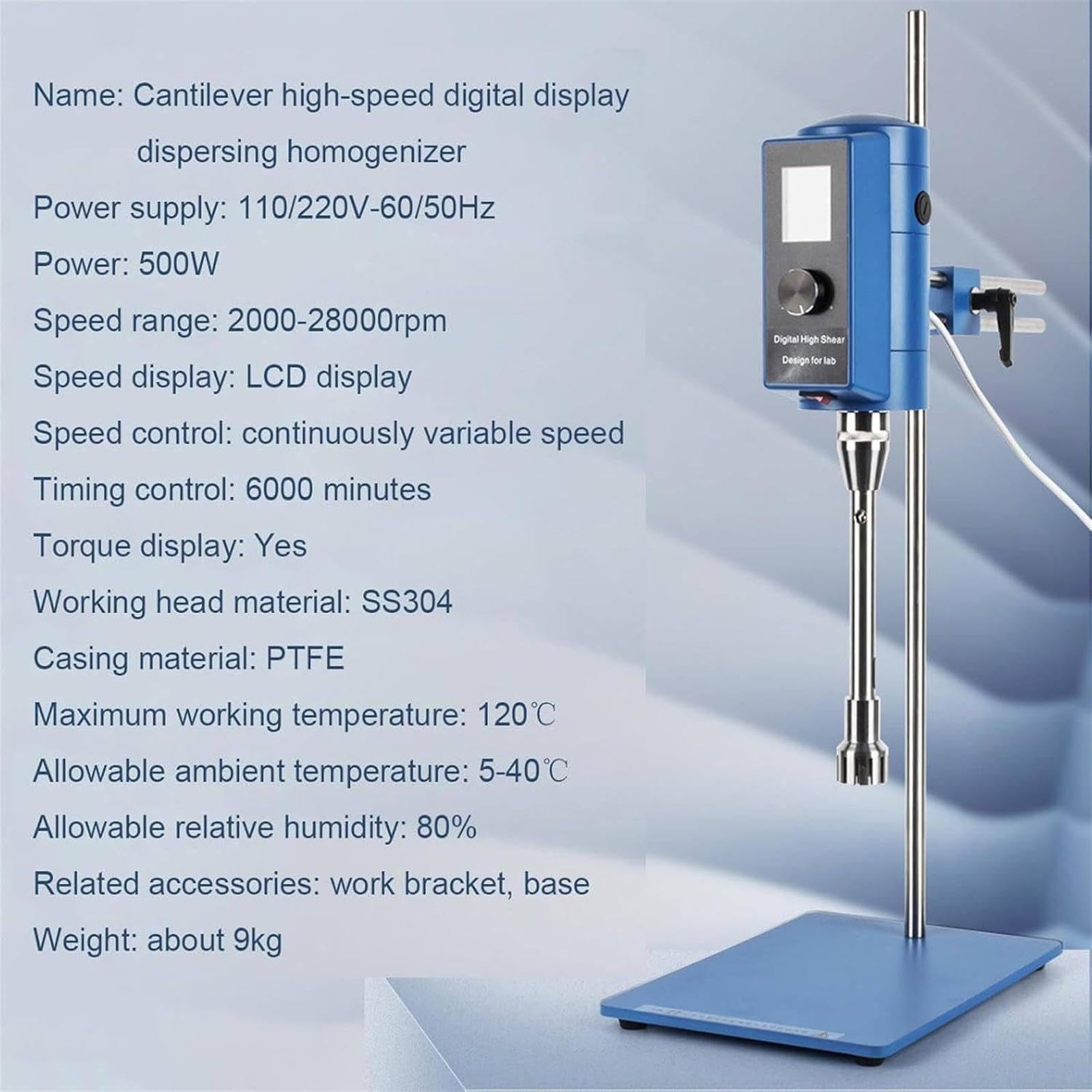 Homogeneizador de alta velocidad, 2000-28000 rpm, mezclador agitador superior ajustable para dispersión de laboratorio, temporizador de 0 a 6000 minutos, 36 G