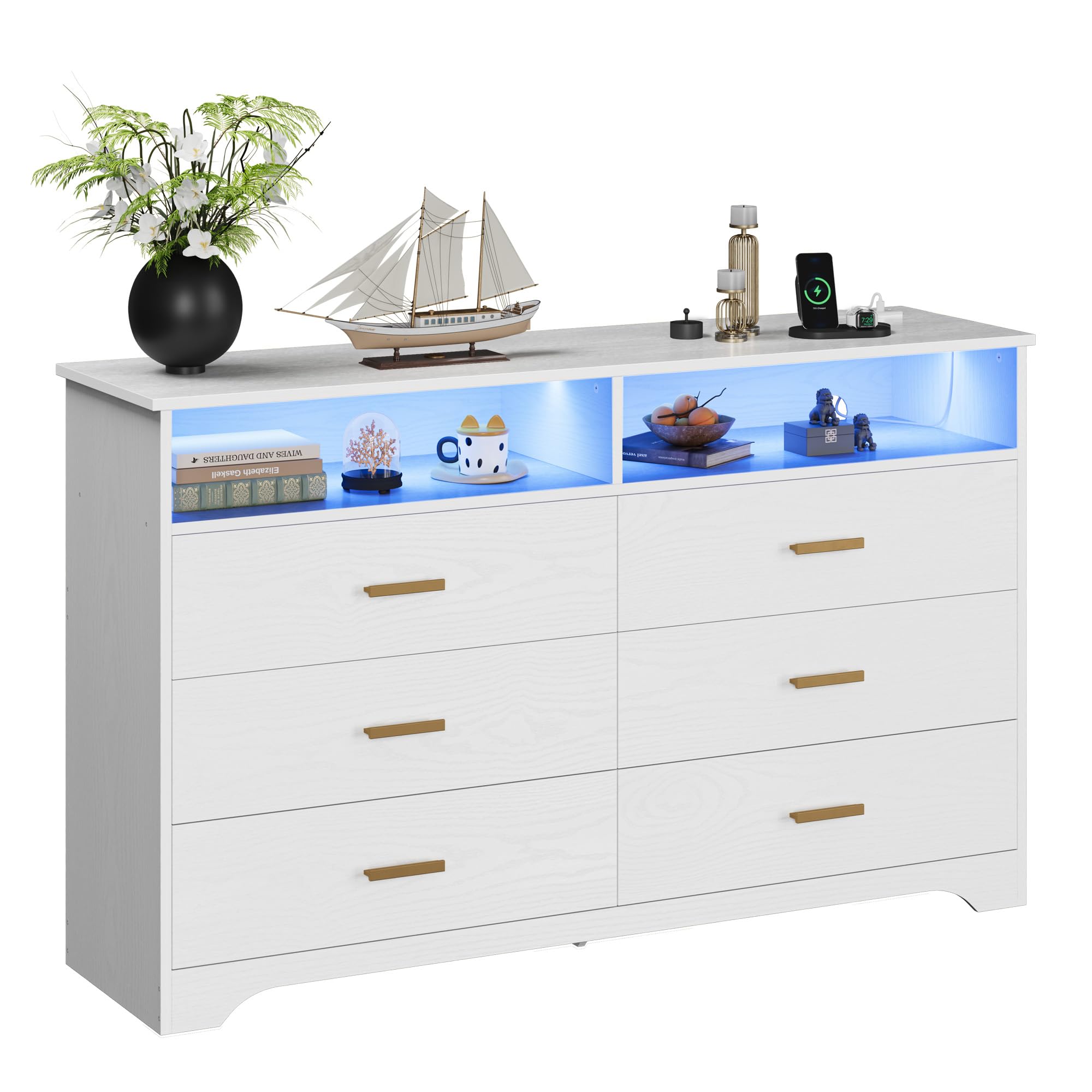 IRONCK Kommode Weiß, Komodenschrank mit LED-Lichtleiste und 2 Steckdosen, Schubladenschrank mit 6 Schubladen und 2 Fächer für Wohnzimmer, Schlafzimmer, Holz, 40 x 150 x 94.7 cm