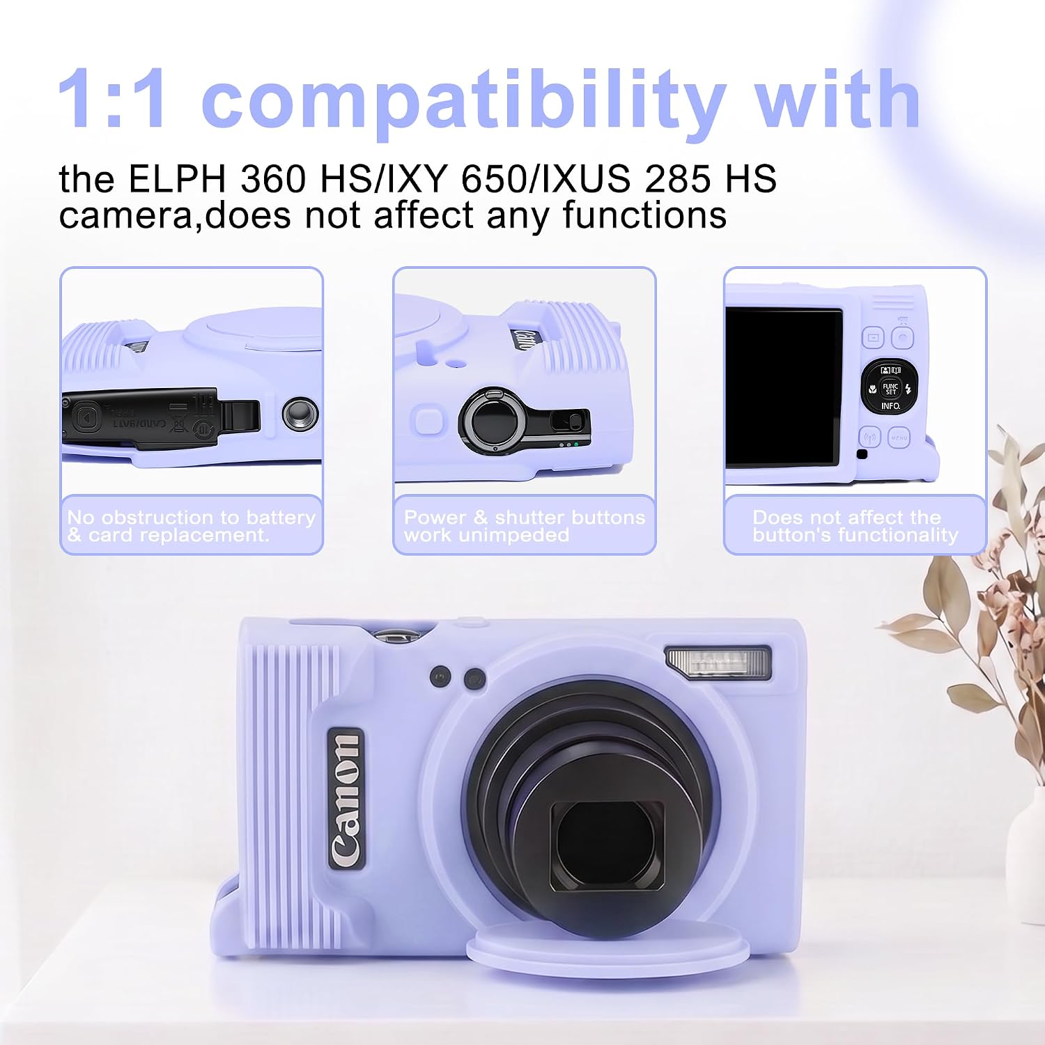 Case for Canon PowerShot ELPH 360 HS/IXY 650/IXUS 285 HS Camera,Soft Silicone Protective Case Removable Lens Cover,Comes with 2 Screen Protectors and 1 Wrist Strap (Lilac)