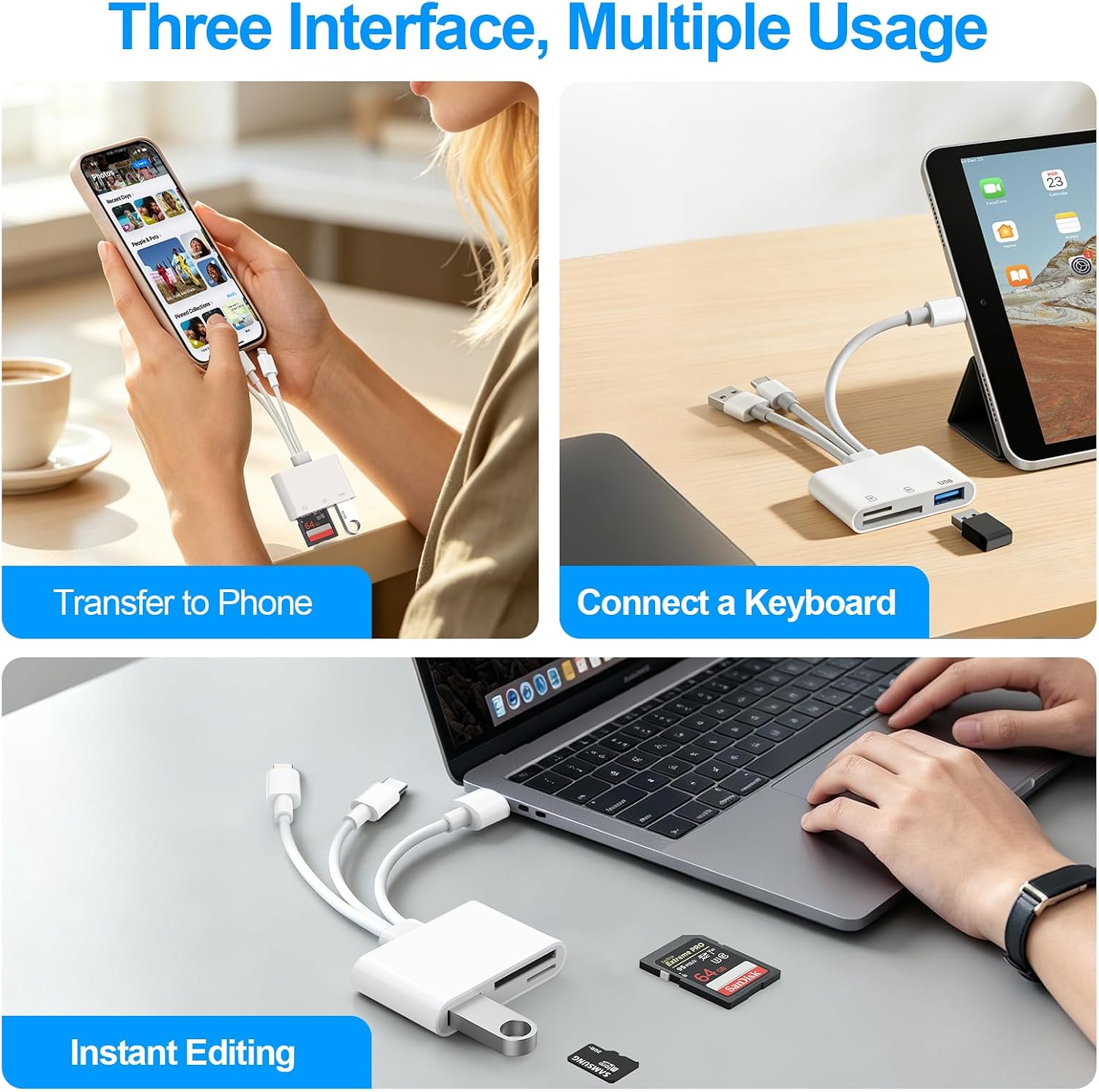 SD Card Reader for iPhone iPad Mac, 3 in 1 Memory SD Card Adapter, USB C & Lightning & USB-A Digital Camera Adapter to iPhone with SD/MicroSD/USB OTG Slots, High-Speed Plug & Play for Computer Laptop