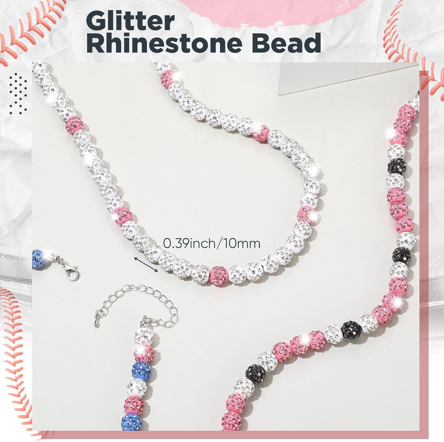Landical 12 Pcs Bling Baseball Necklace Ice Beaded Baseball Necklace Cool Gifts Bulk for Team Players Lovers Fans