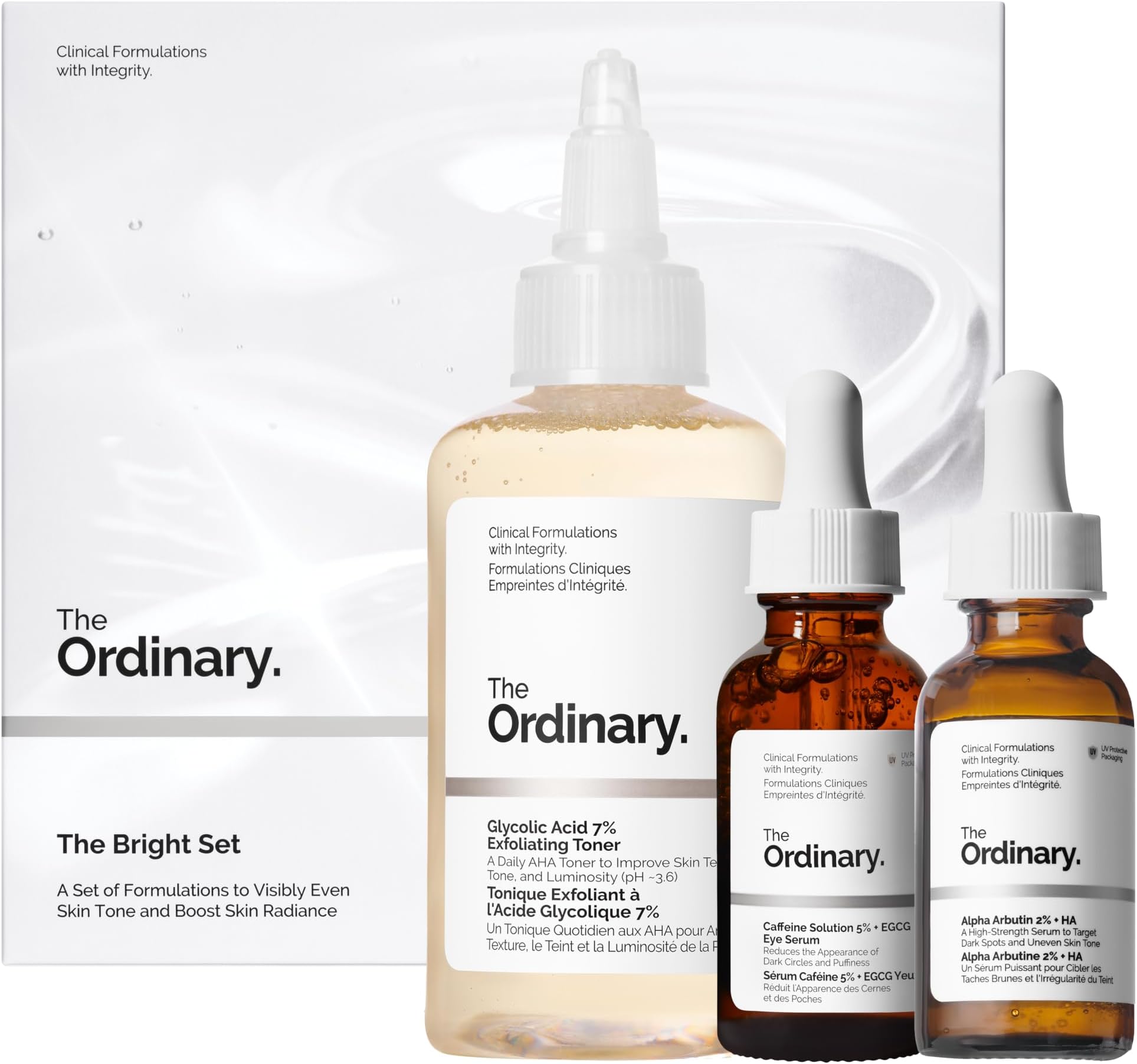 The Bright Set, 3-Step Regimen for Radiant, Even Skin Tone with Glycolic Acid 7% Exfoliating Toner, Alpha Arbutin 2% + HA, and Caffeine Solution 5% + EGCG Eye Serum | Skin Care Set