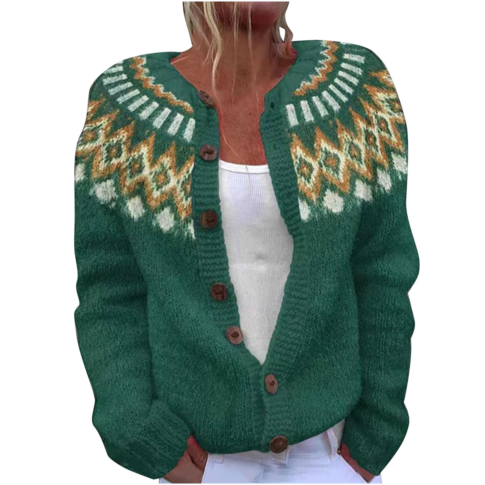 Womens Oversized Cardigans Crew Neck Button Up Long Sleeve Knit Print Casual Soft Fall Winter Open Front Sweater