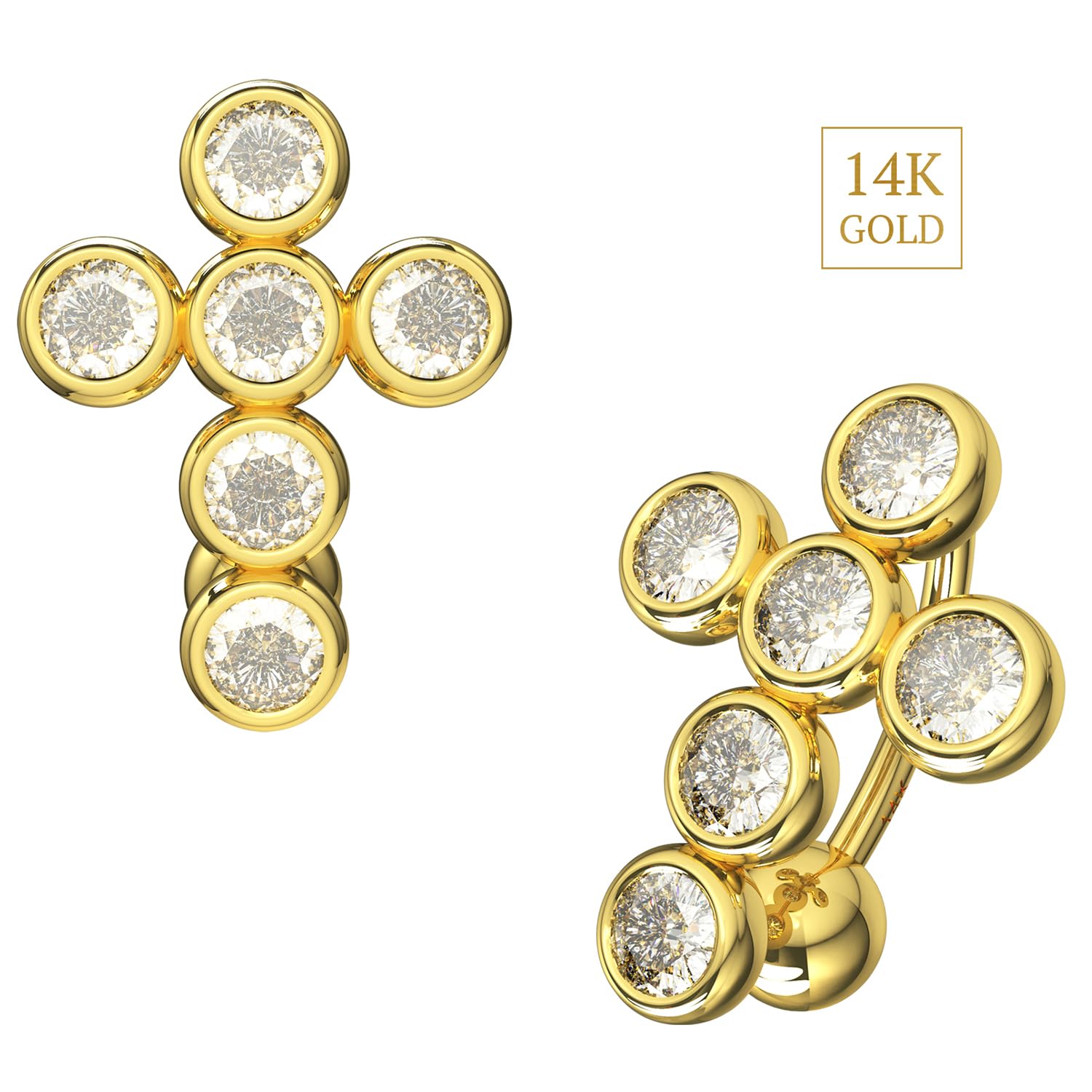 Piercing para ombligo de oro amarillo macizo de 14 quilates con circonita cúbica y cruz de cruz - Joyería de ombligo de 14 quilates - Piercing para el ombligo de calibre 14, 14 Gauge -