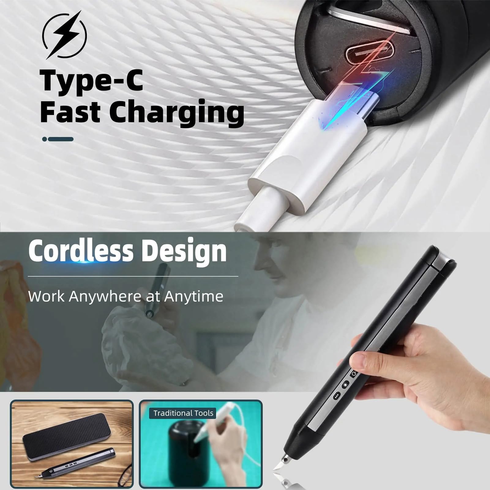 Diyeeni Taglierina Ad Ultrasuoni Senza Fili da 40 KHz con 3 modalità e Luce LED, Punte da Taglio Portatili da 24 Pezzi per Modello Stampato in 3D in Pelle PVC, Legno, Involucro in Metallo Leggero da