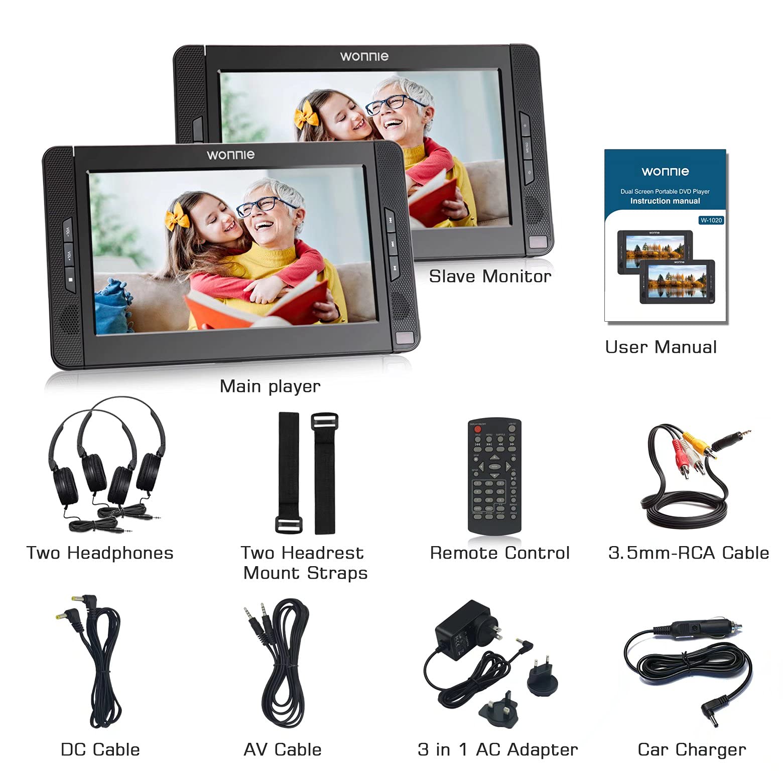 WONNIE 10.5" Dual Portable DVD Player for Car, Headrest Kids CD Players with Two Headphones
