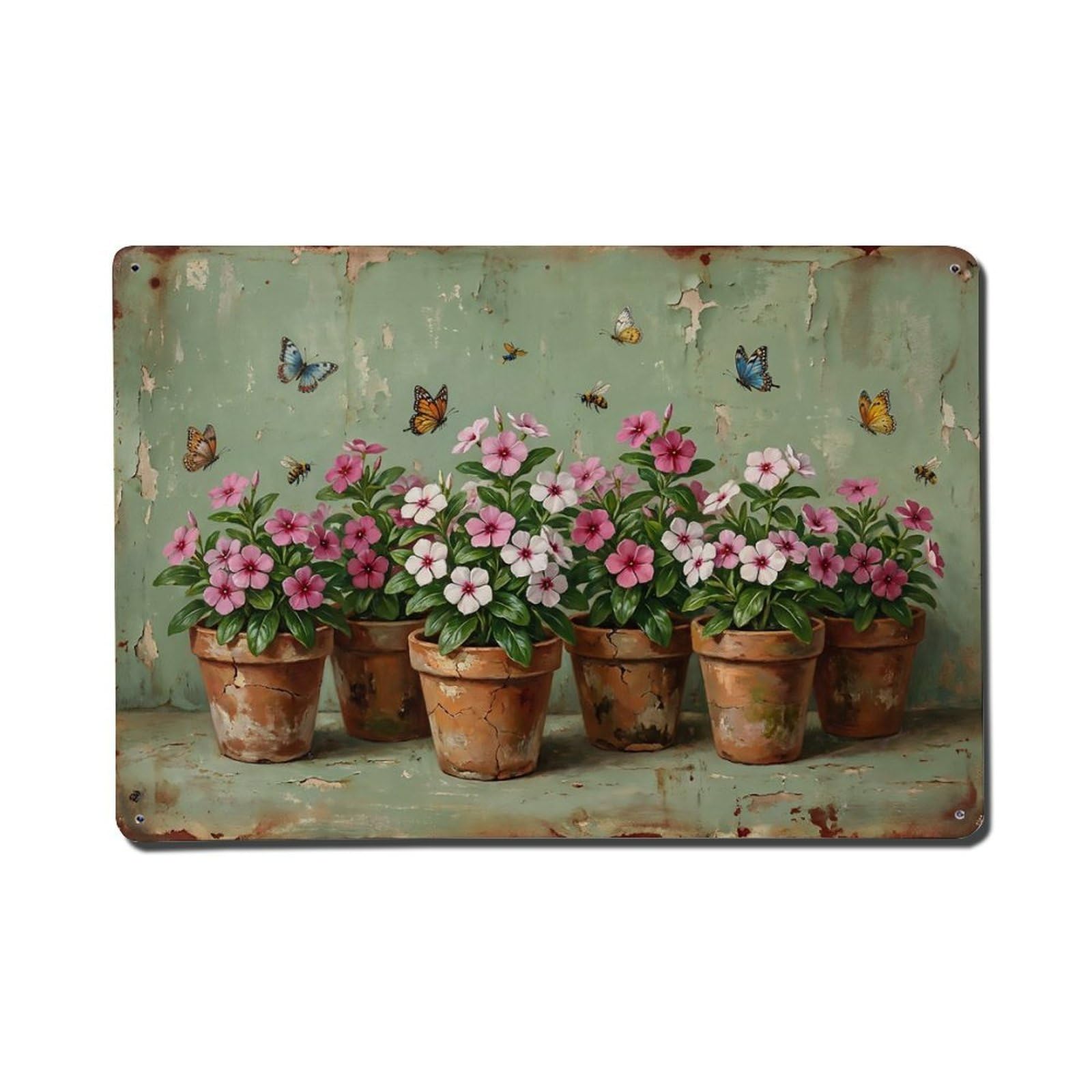 Vintage Rustic Flower Potted Plants Vinca Metal Tin Sign