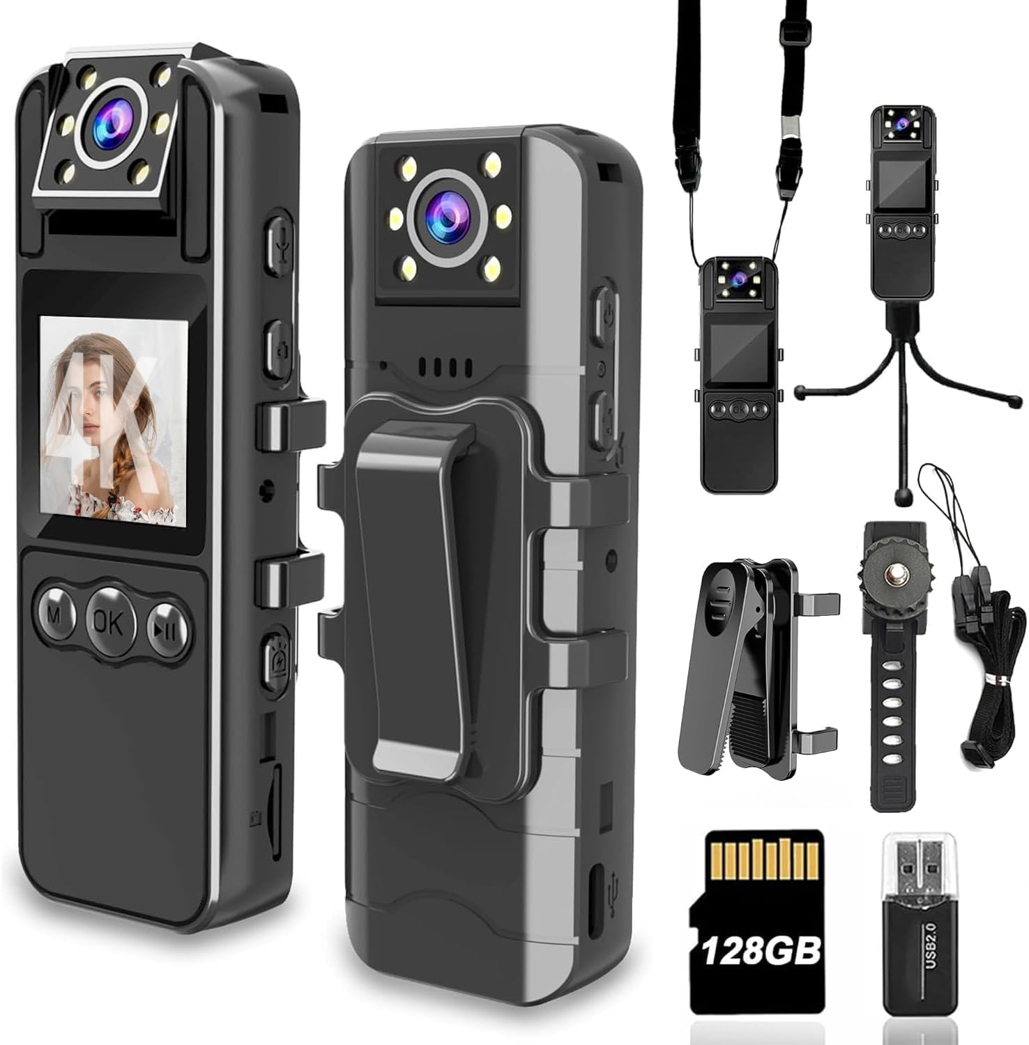 Body Camera with Audio and Video Recording, HD 1080P Body Cam with 180° Rotating Lens, IR Cut Auto Night Vision, 6HR Battery, 128GB Body Worn Camcorder Personal Police (128G HD 1080P)
