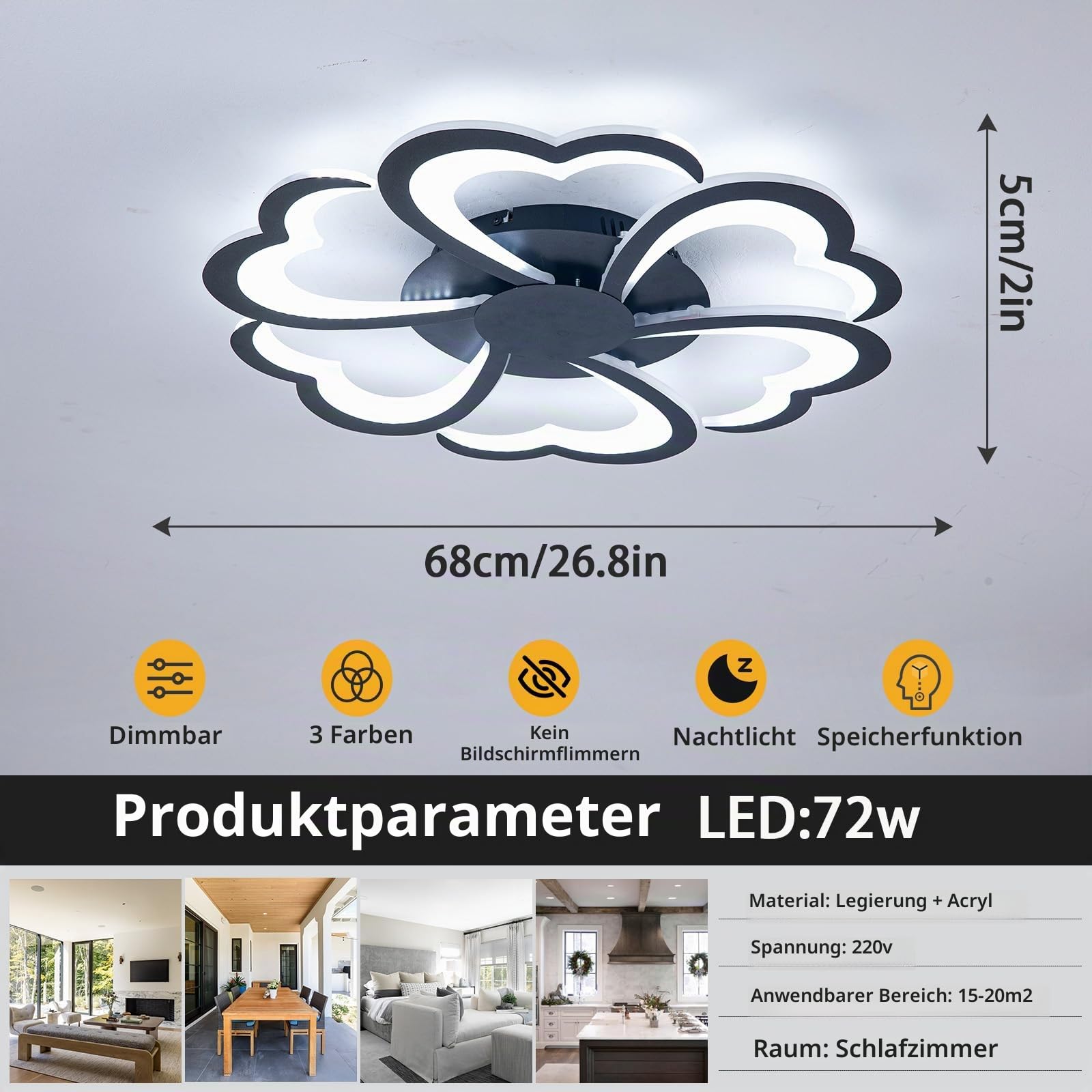 7200 Lumen,Deckenleuchten,Blume,Modern,Led Deckenlampe,3000K-6000K,Dimmbare,Memory-Funktion,Deckenleuchte mit Fernbedienung,Weiches Licht 72W,Geeignet,Für Wohnzimmer Schlafzimmer Esszimmer Küche
