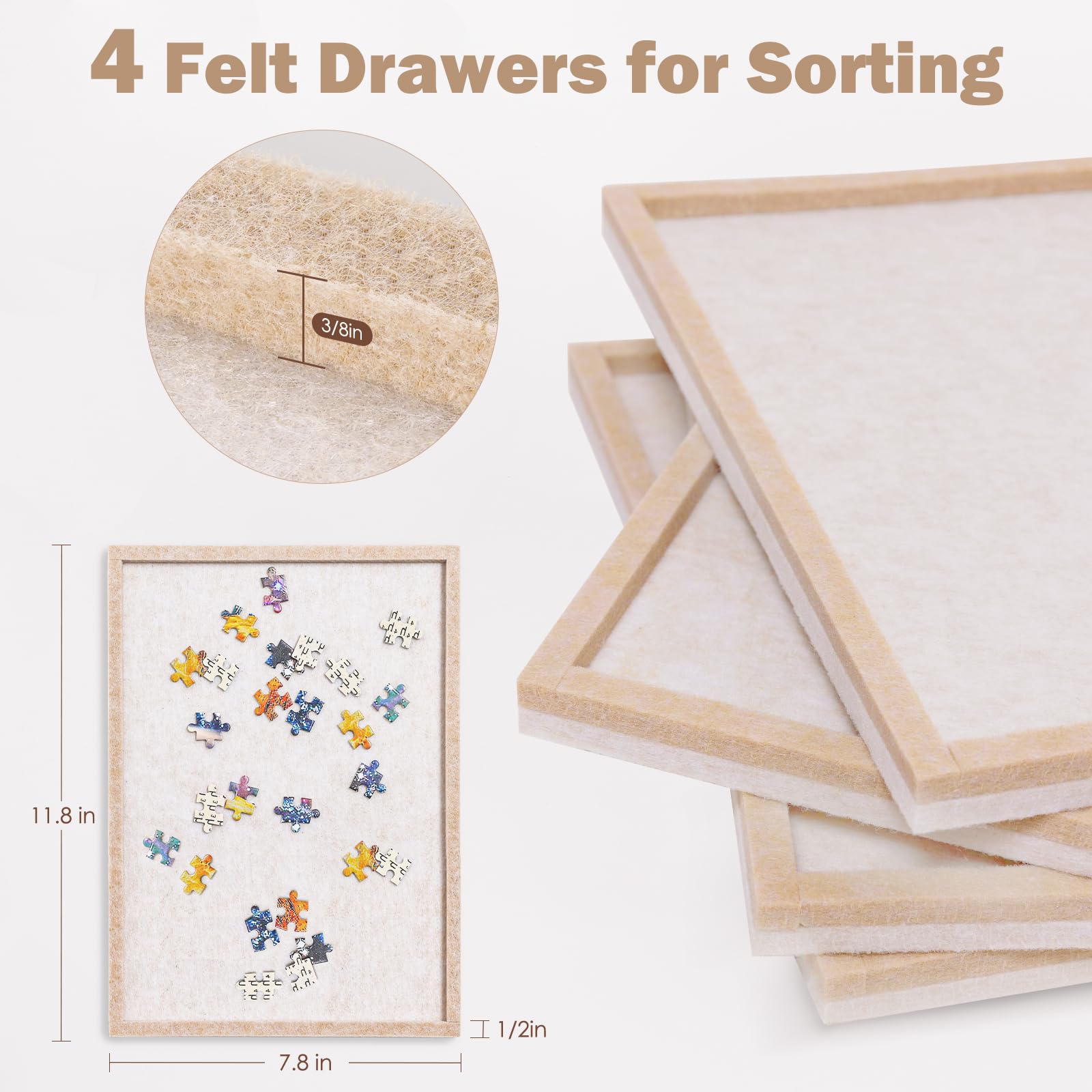 Tablica do puzzli z 4 tacami do sortowania, 1000 sztuk powierzchni do zabawy z osłoną ochronną, filcowa tablica ekspozycyjna 80 cm x 61 cm