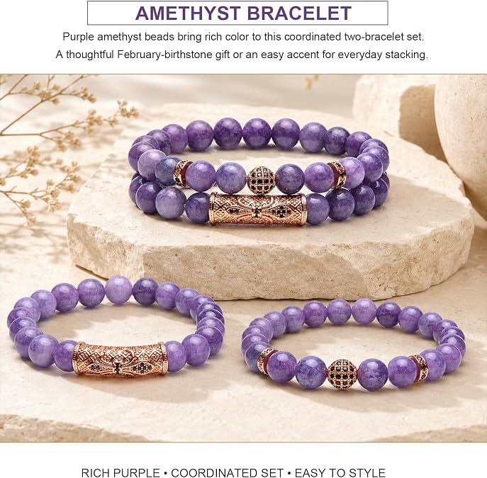 2Pcs Beaded Bracelets for Men and Women, Crystal Bracelet Set