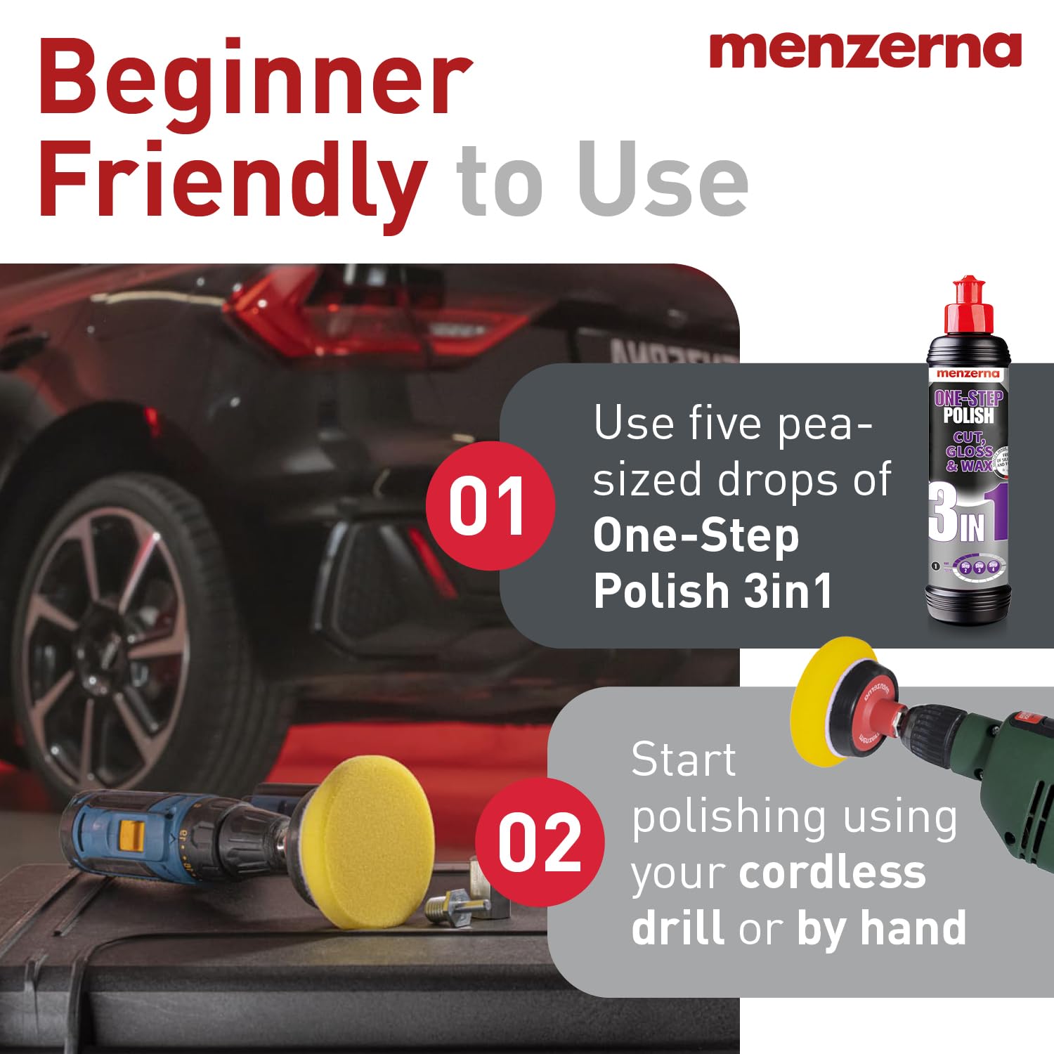 menzerna 3in1 Polishing Set – One-Step Polish (8oz) + Drill Machine Adapter + Medium Cut Pad | Polish Your Car with a Cordless Drill
