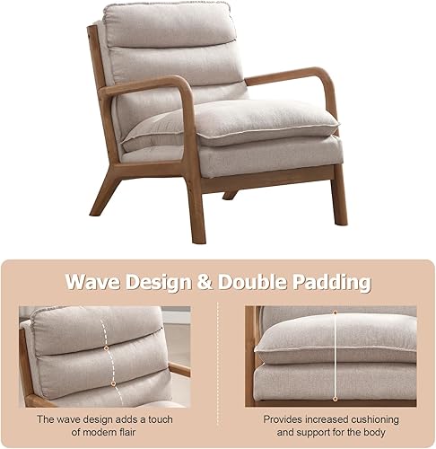 Miniatura 26 de INZOY - Sillón decorativo de mediados de siglo con estructura de madera, tapizados, para sala de estar, con cojín para la cintura, sillón de lectura