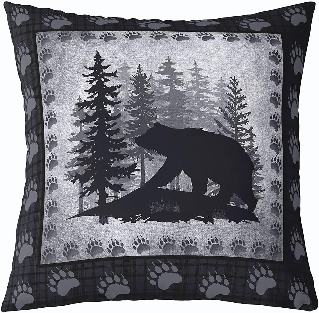 Bear Throw Pillow Cover Lodge Cabin Vintage Gray Plaid Cushion Cover for Kids Teens Adults Paw Print Wild Animal Pine Trees Cushion Case for Office Chairs Bed 24x24 Inch