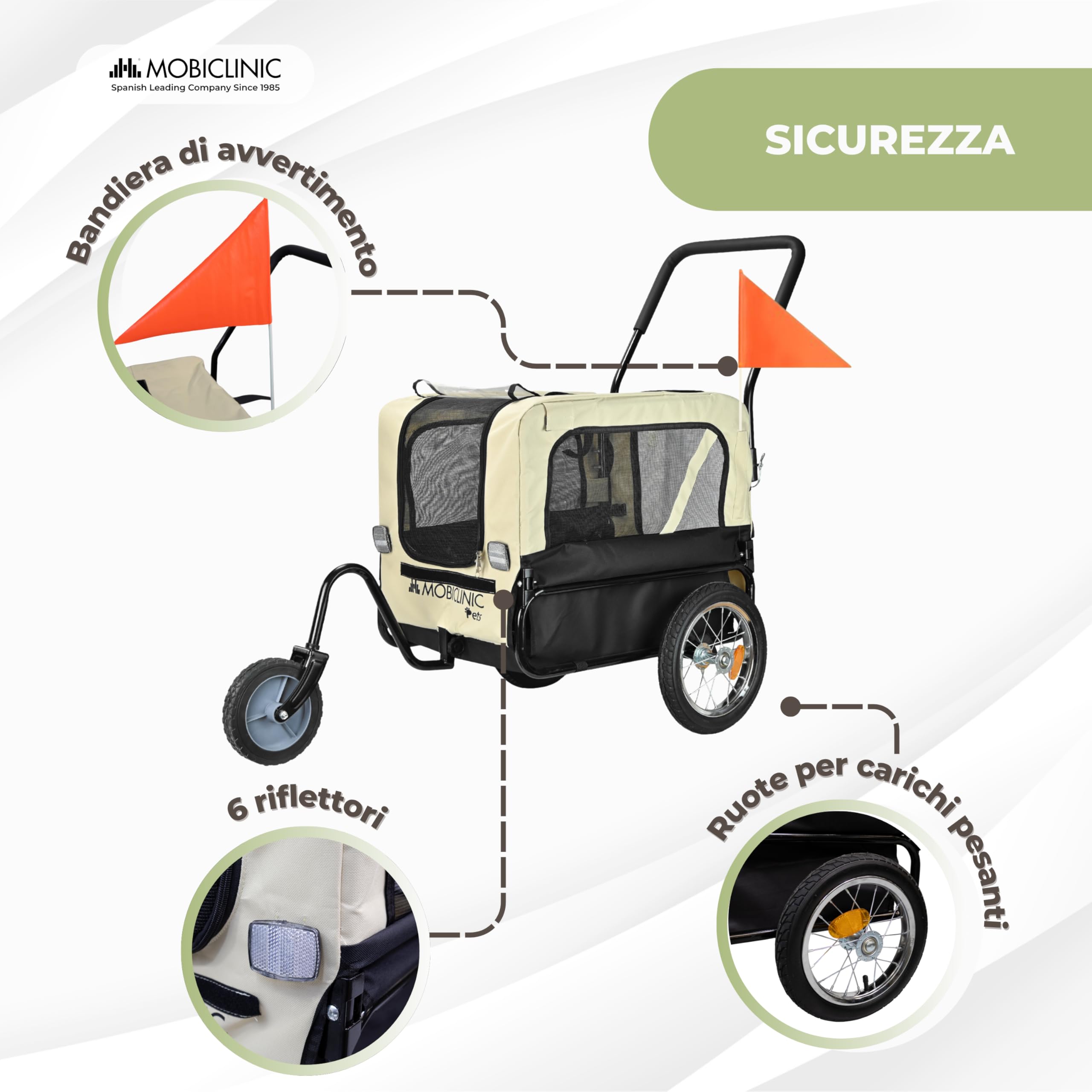 Mobiclinic®, Rimorchio Bici per Cane + Carrello di Trasporto, 2 in 1, Fino a 40 kg, Copertura Impermeabile, 123x67x100 cm, Bandiera e Catarifrangenti, Oxford 600D, per Cani Piccoli e Medi