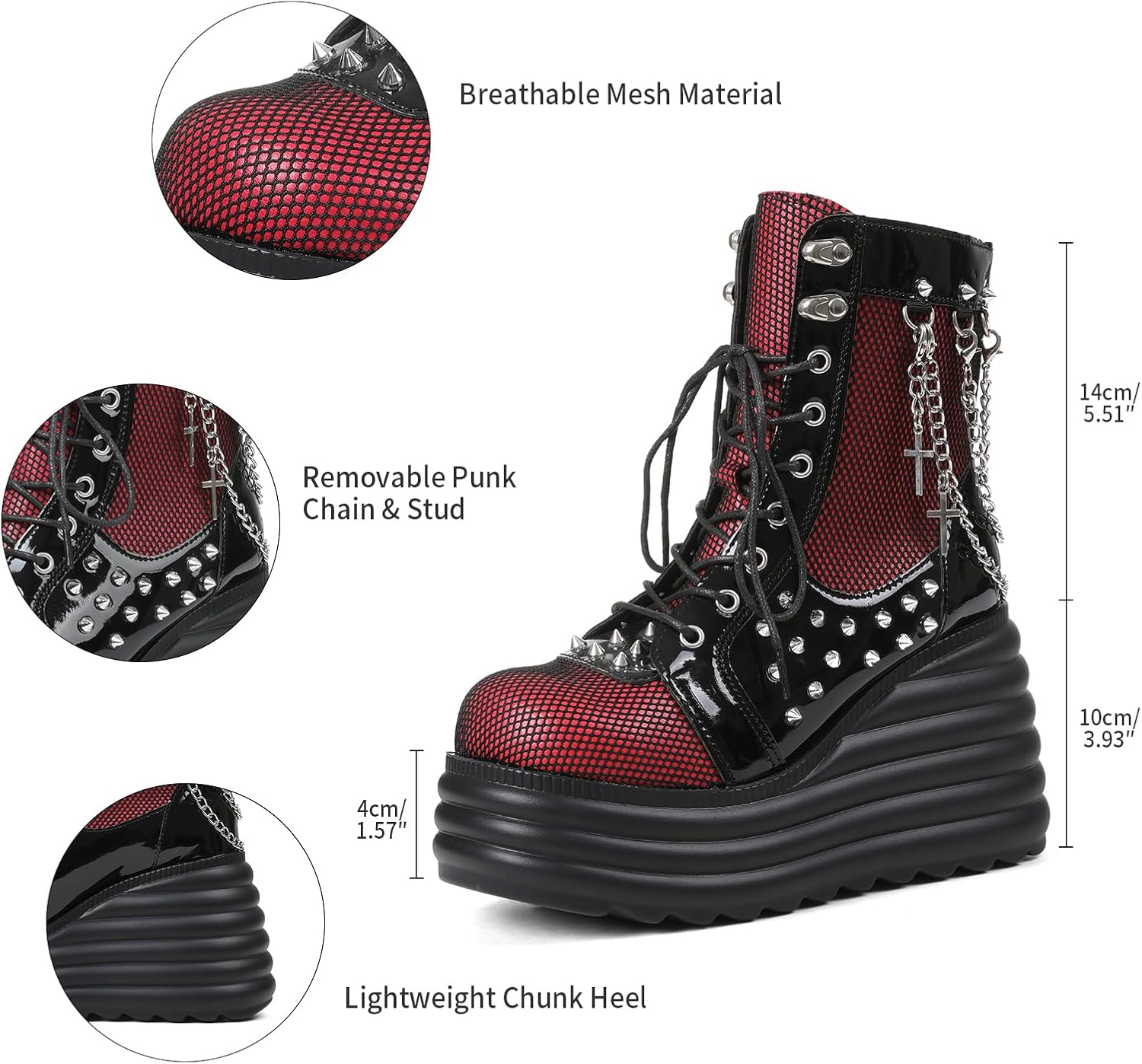Lyrisiphy Women's Gothic Ankle Boots Black Platform Combat Boots with Punk Chains & Studs Lace Up Wedge Boots for Womens Rave Festivals Halloween